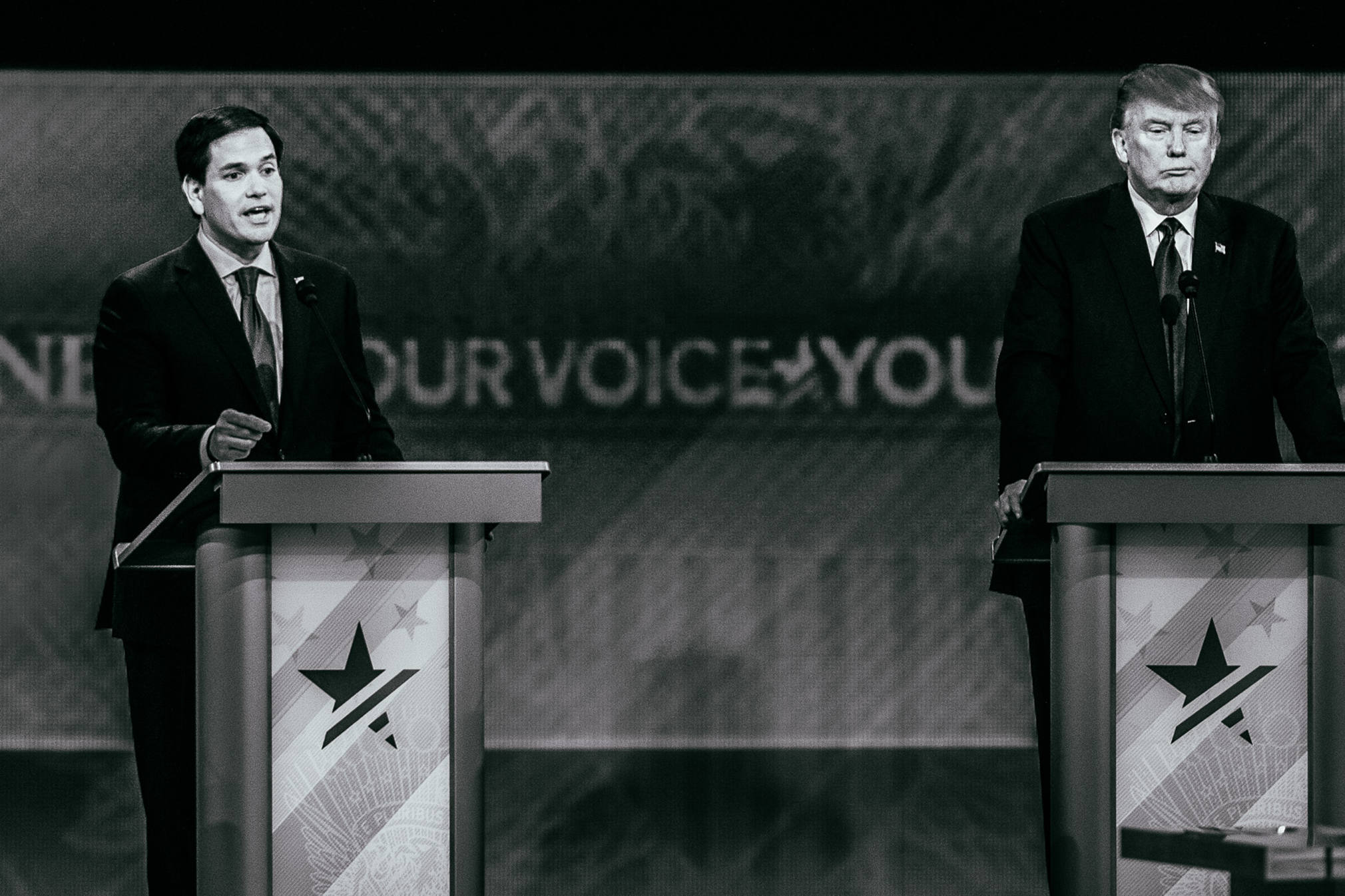 Republican presidential candidates Marco Rubio, left, and Donald Trump participate in the Republican presidential debate on Feb. 6, 2016, in Manchester, N.H.