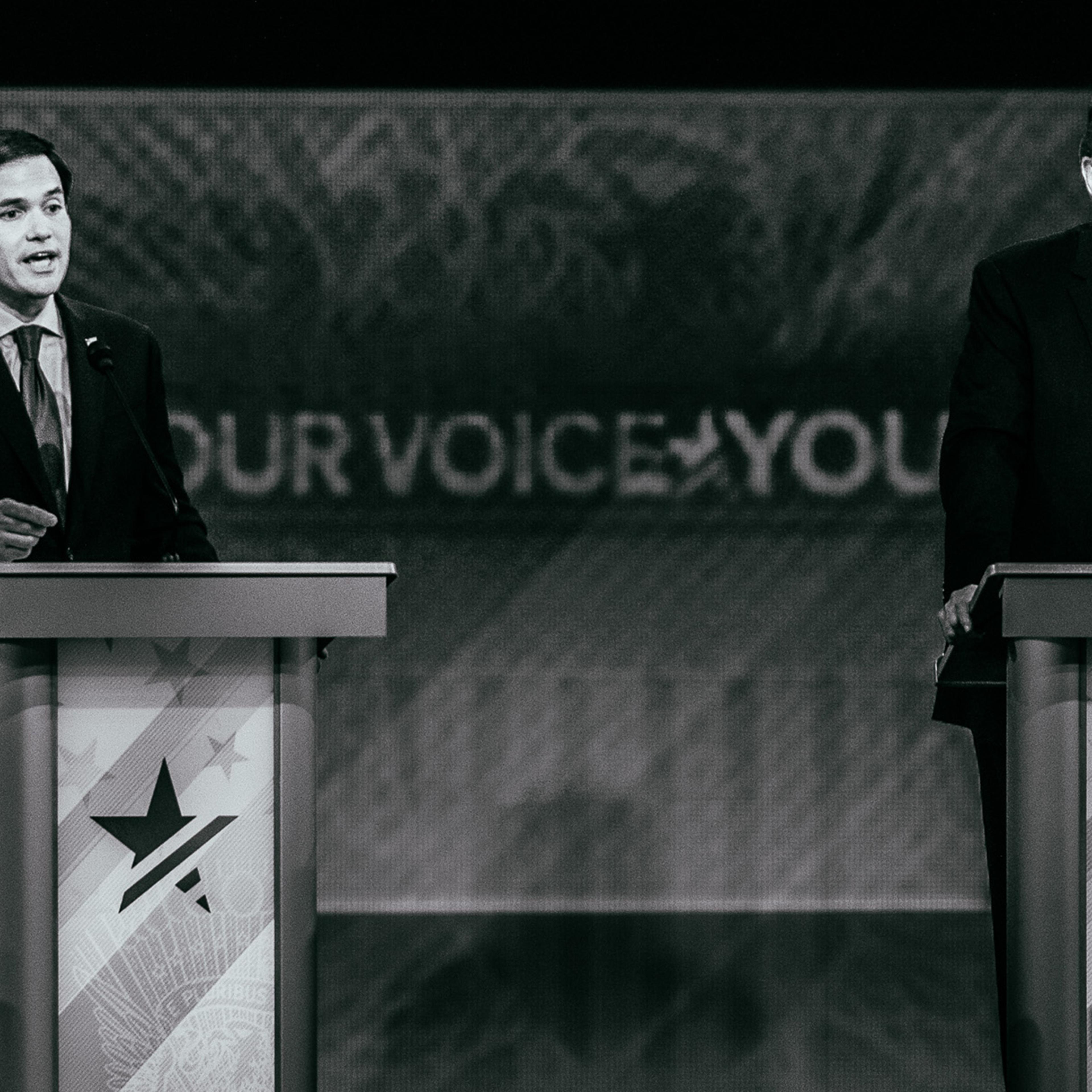 Republican presidential candidates Marco Rubio, left, and Donald Trump participate in the Republican presidential debate on Feb. 6, 2016, in Manchester, N.H.