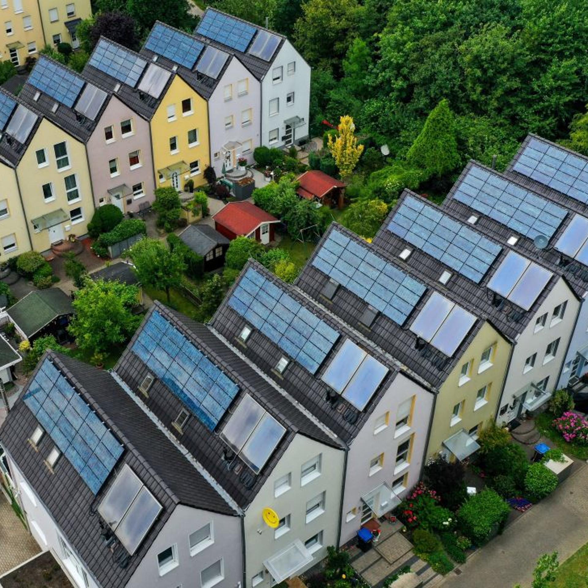 This aerial photo taken on July 4, 2023, shows solar panels on roofs at the 'Solar Settlement Gelsenkirchen-Bismarck' in Gelsenkirchen, western Germany.