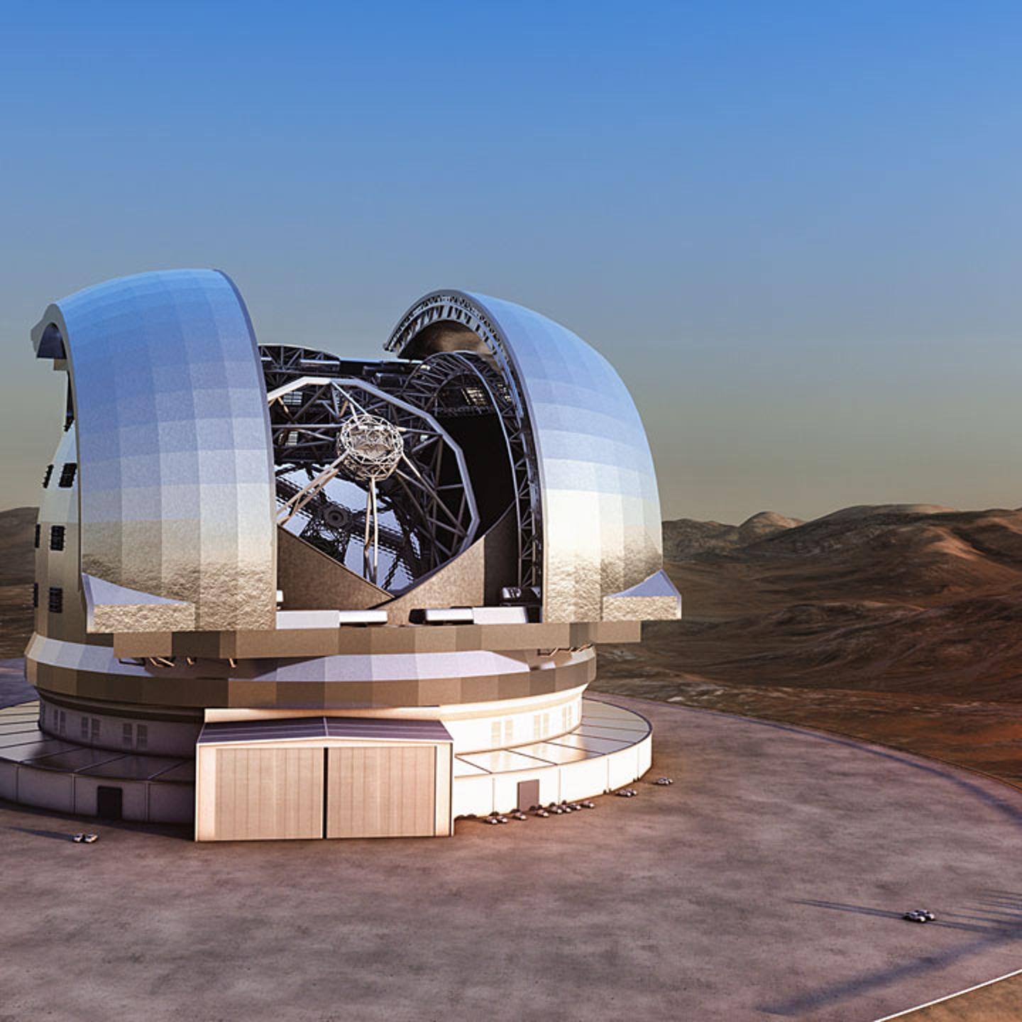 Artist's impression of the European Extremely Large Telescope (E-ELT) in its enclosure on Cerro Armazones, a 3060-metre mountaintop in Chile's Atacama Desert. The 39-metre E-ELT will be the largest optical/infrared telescope in the world — the world's bi
