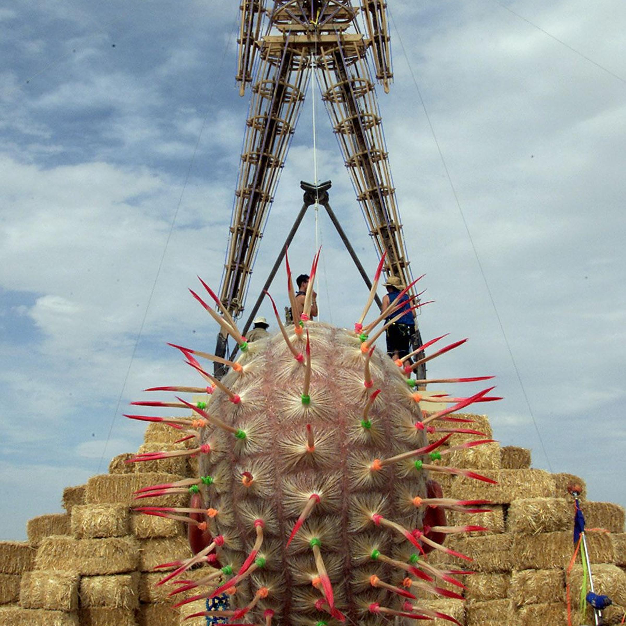 A man looks at the Burning Man effigy as it is prepared for the Burning Man Festival at Black Rock City in Nevada on Aug. 29, 2000.