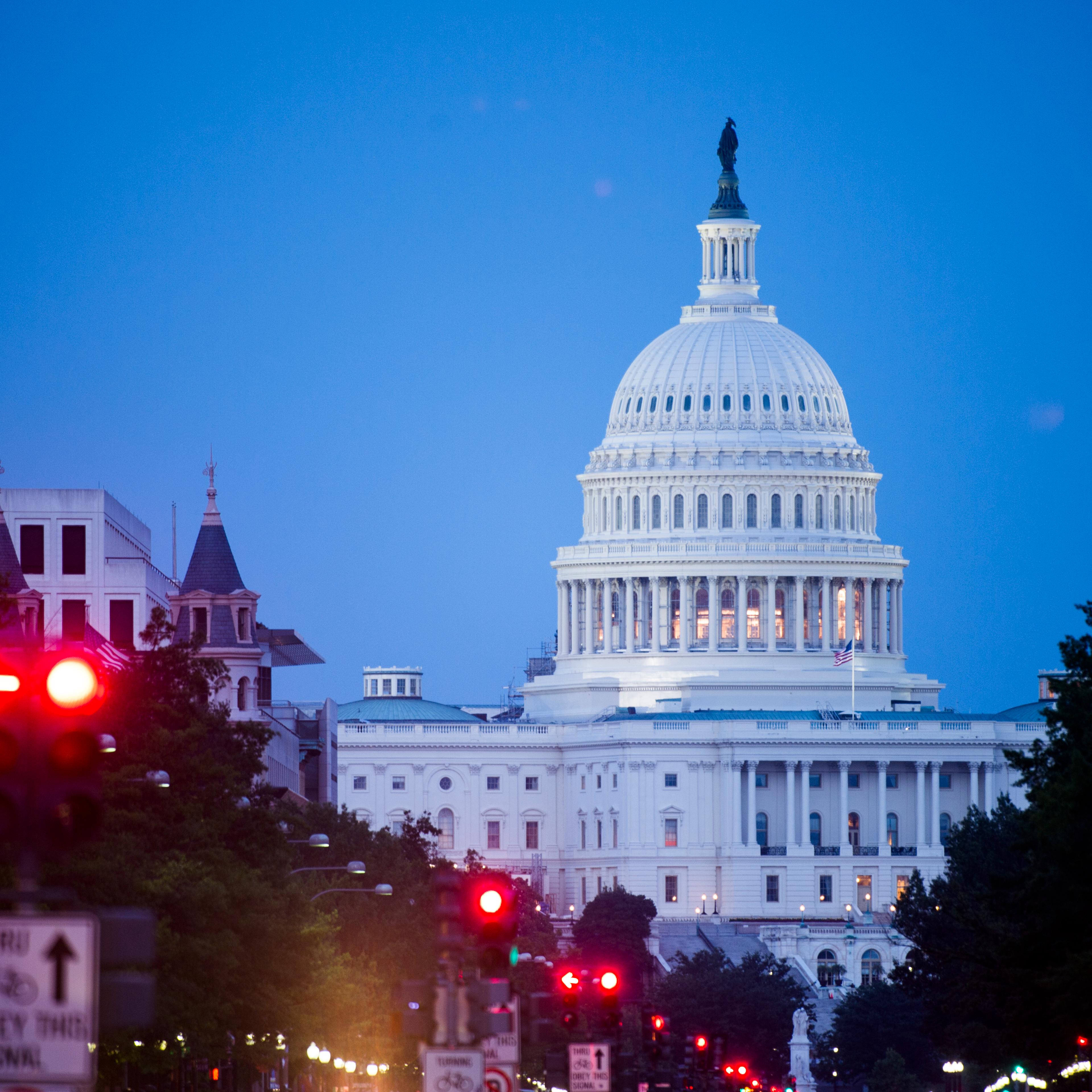 The U.S. Capitol as seen from Freedom Plaza on Pennsylvania Avenue on Saturday night, July 12, 2014.
