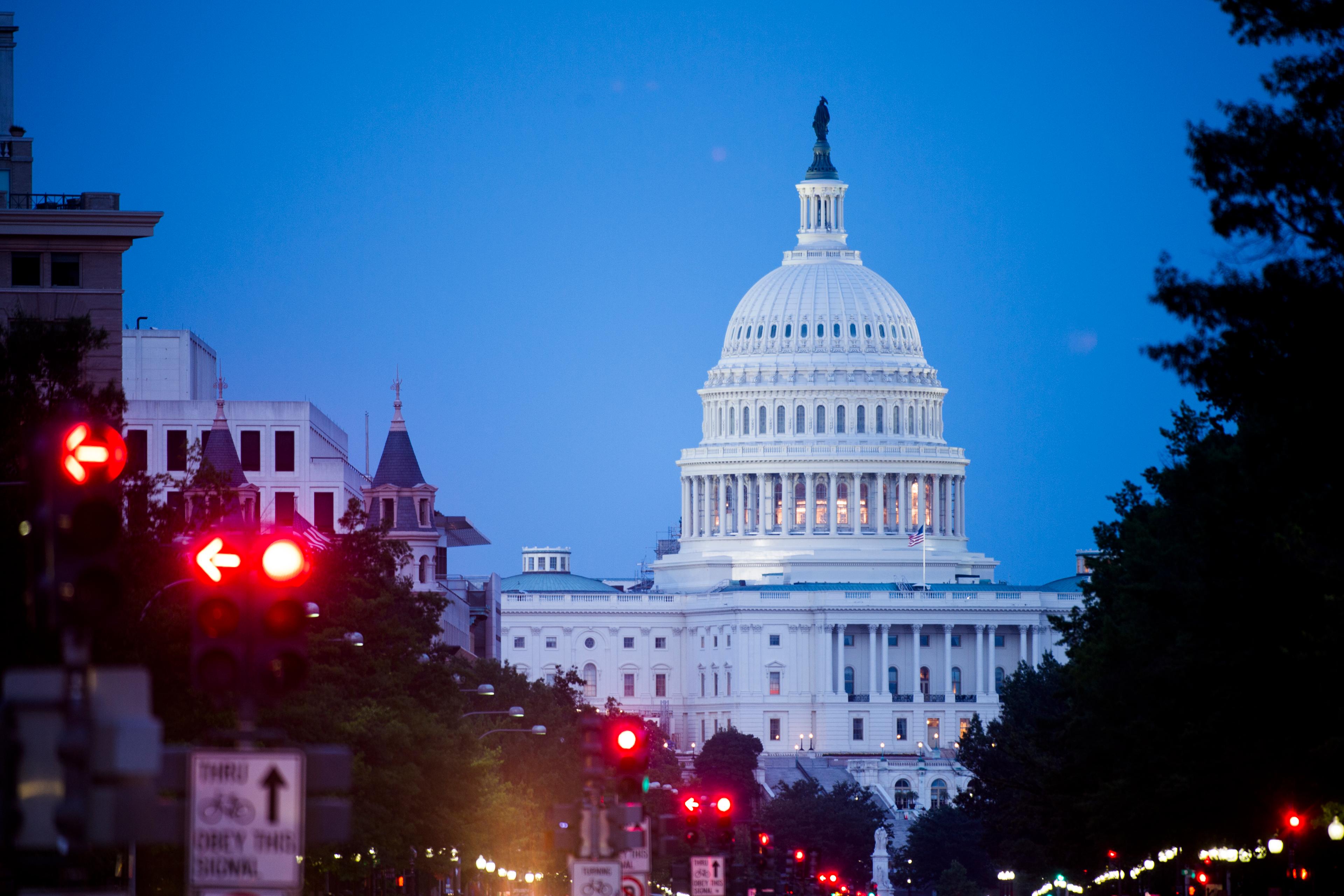 The U.S. Capitol as seen from Freedom Plaza on Pennsylvania Avenue on Saturday night, July 12, 2014.