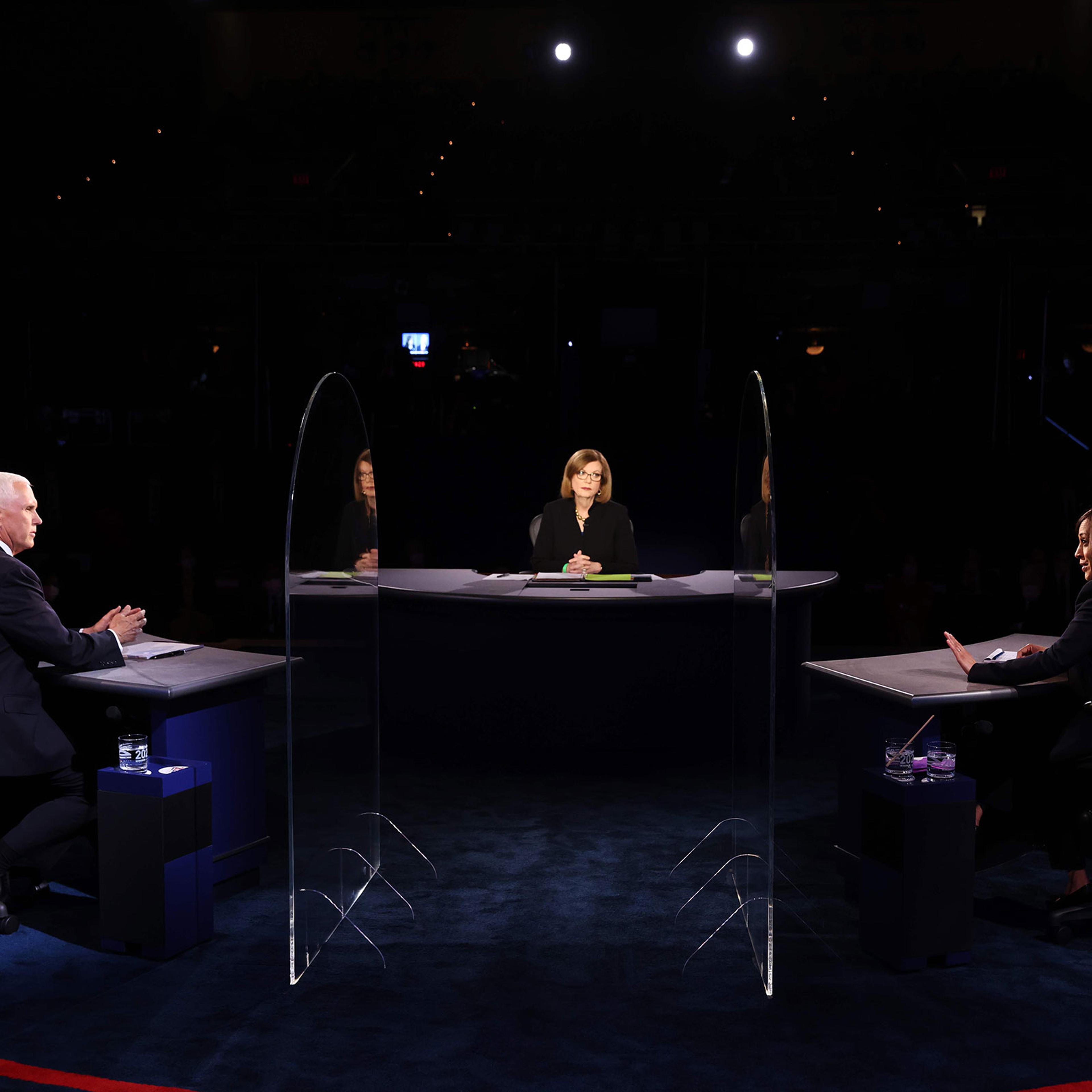 Vice President Mike and Pence Democratic vice presidential nominee and Senator Kamala Harris and moderator Washington Bureau Chief for USA Today Susan Page participate in the vice presidential debate on Oct. 7, 2020 in Salt Lake City, Utah.