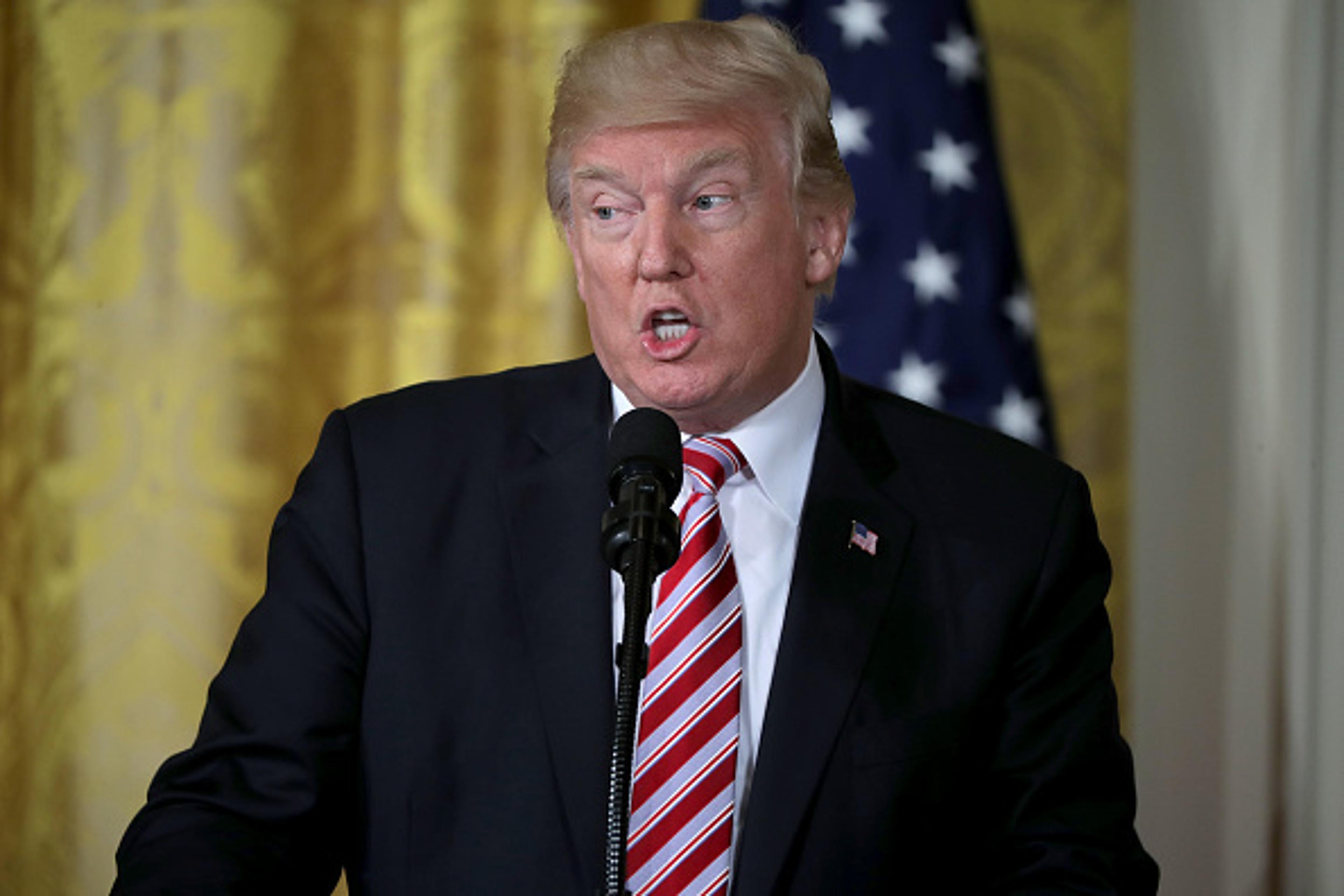U.S. President Donald Trump answers reporters' questions during a joint news conference with Amir Sabah Al-Ahmad Al-Jaber Al-Sabah of Kuwait in the East Room of the White House September 7, 2017 in Washington, DC.