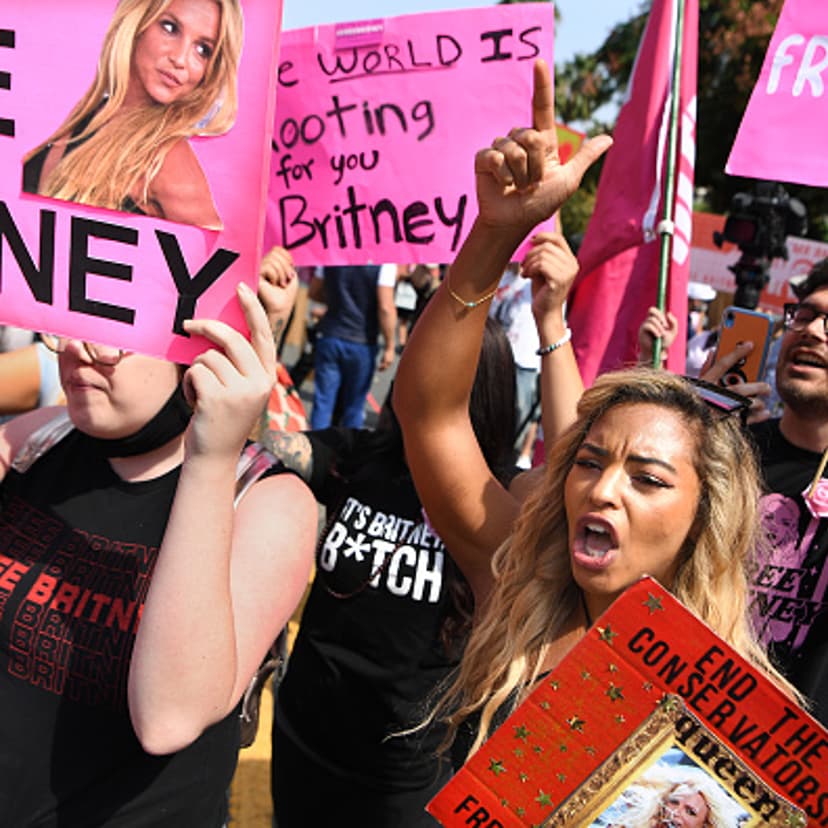 Britney Spears fans rally outside the courthouse before the announcement that Britney Spears' father, Jamie Spears, is suspended from her conservatorship in Los Angeles on Sept. 29, 2021.