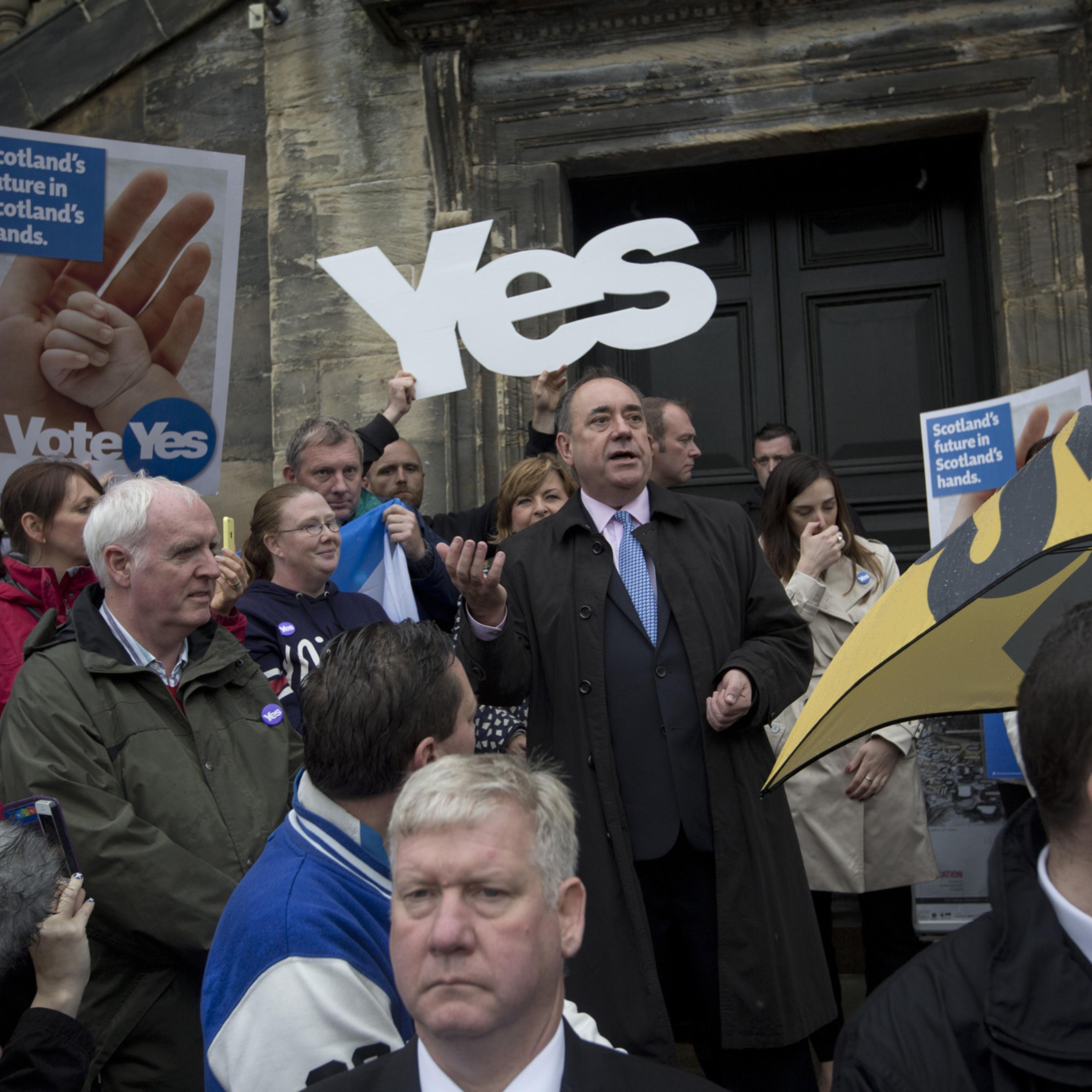 Scotland's First Minister Alex Salmond MSP, speaking to pro-independence supporters from the steps of the Burgh Hall in his home town of Linlithgow, West Lothian, Sept, 15, 2014.