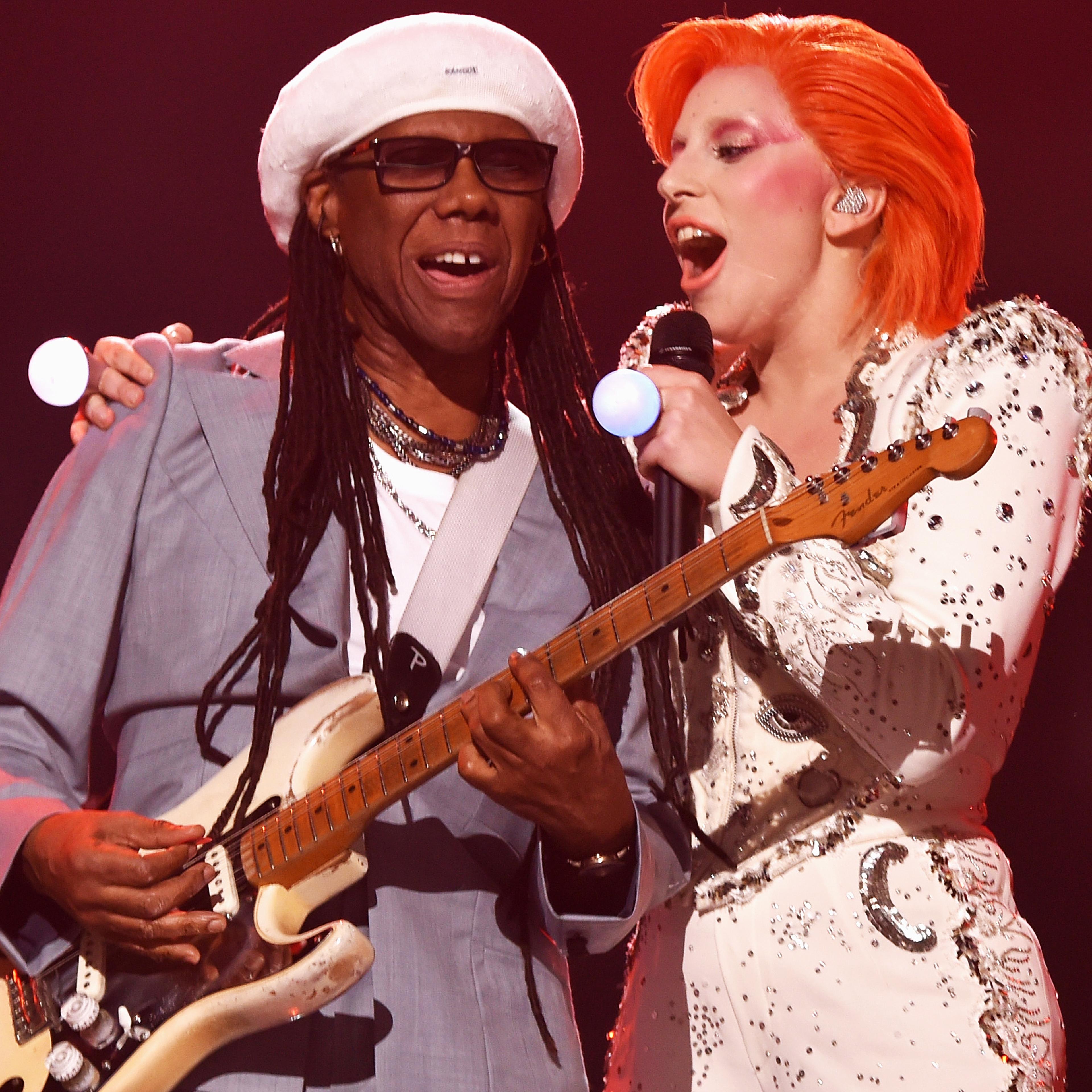 Nile Rodgers, left, and Lady Gaga, right, perform during the 58th GRAMMY Awards on Feb. 15, 2016 in Los Angeles.