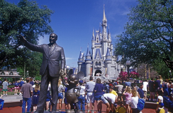 Statue of Walt Disney and Micky Mouse at the entrance to the magic kingdom at Disney World.