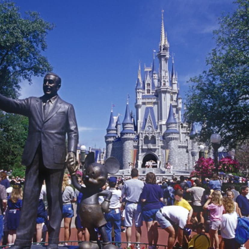 Statue of Walt Disney and Micky Mouse at the entrance to the magic kingdom at Disney World.