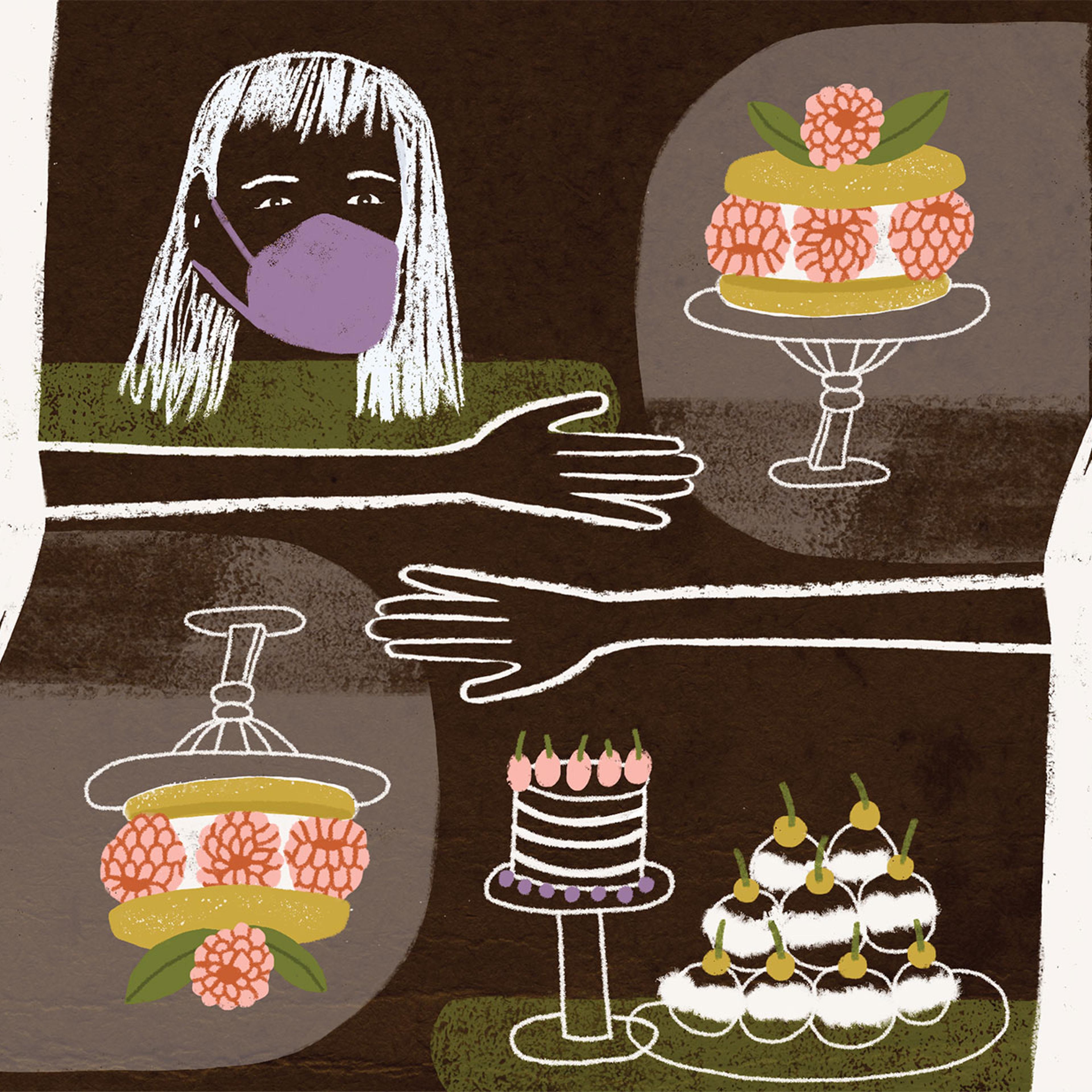 An illustration showing baked goods and people in masks