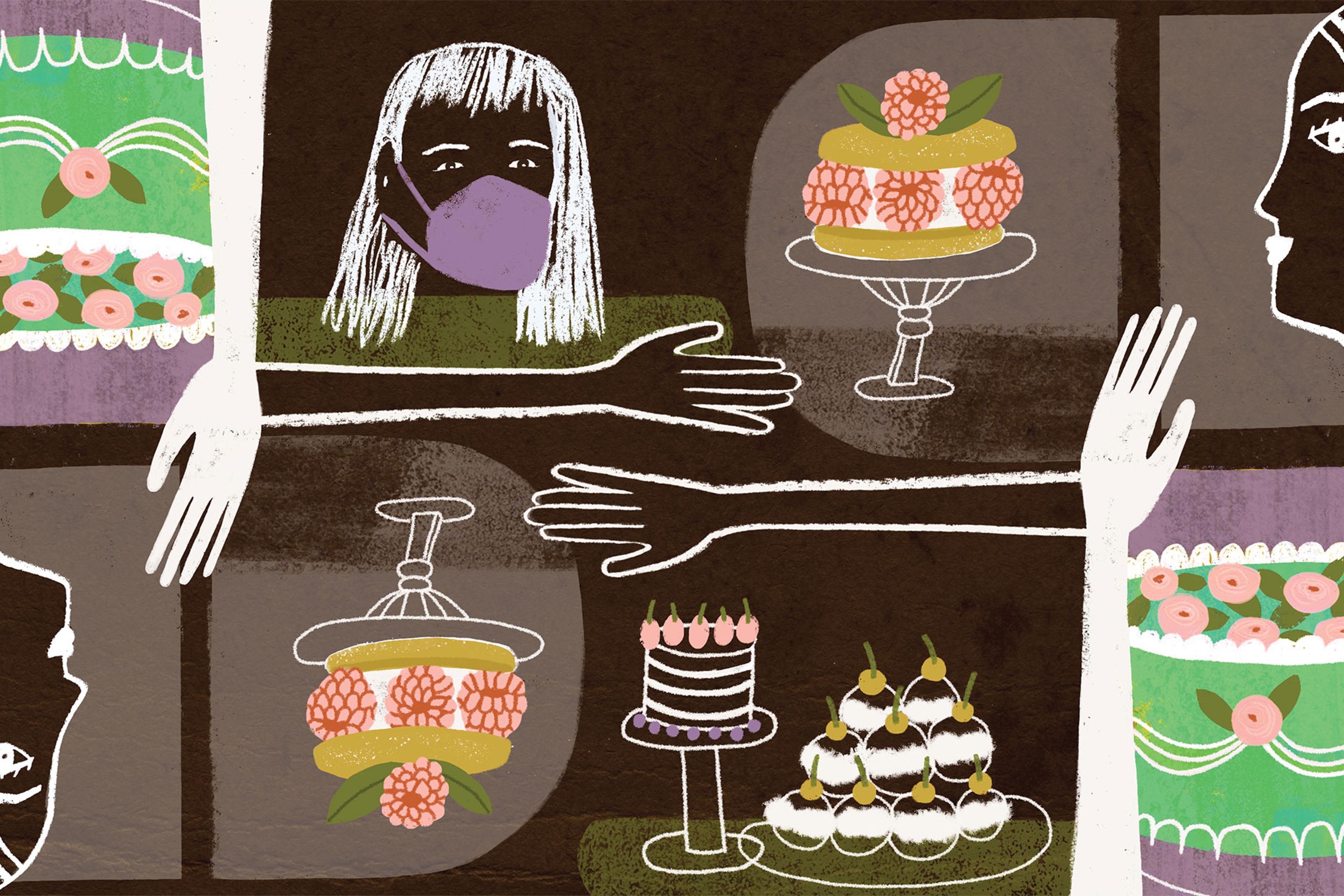 An illustration showing baked goods and people in masks