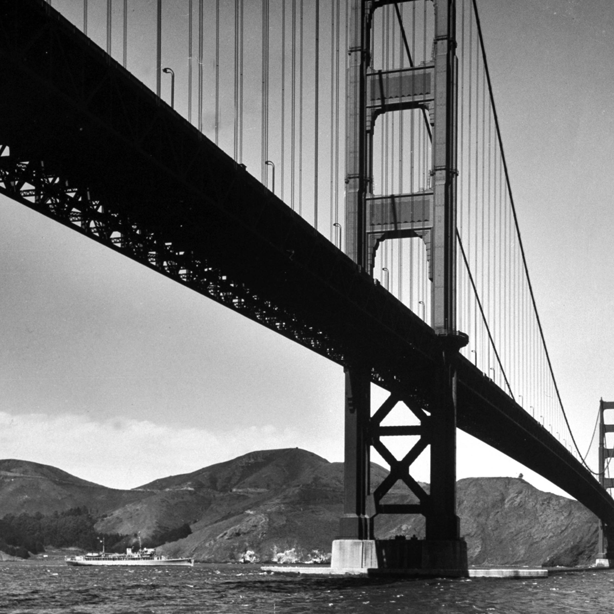 View of the Golden Gate Bridge toward the hills of Marin County, 1955.