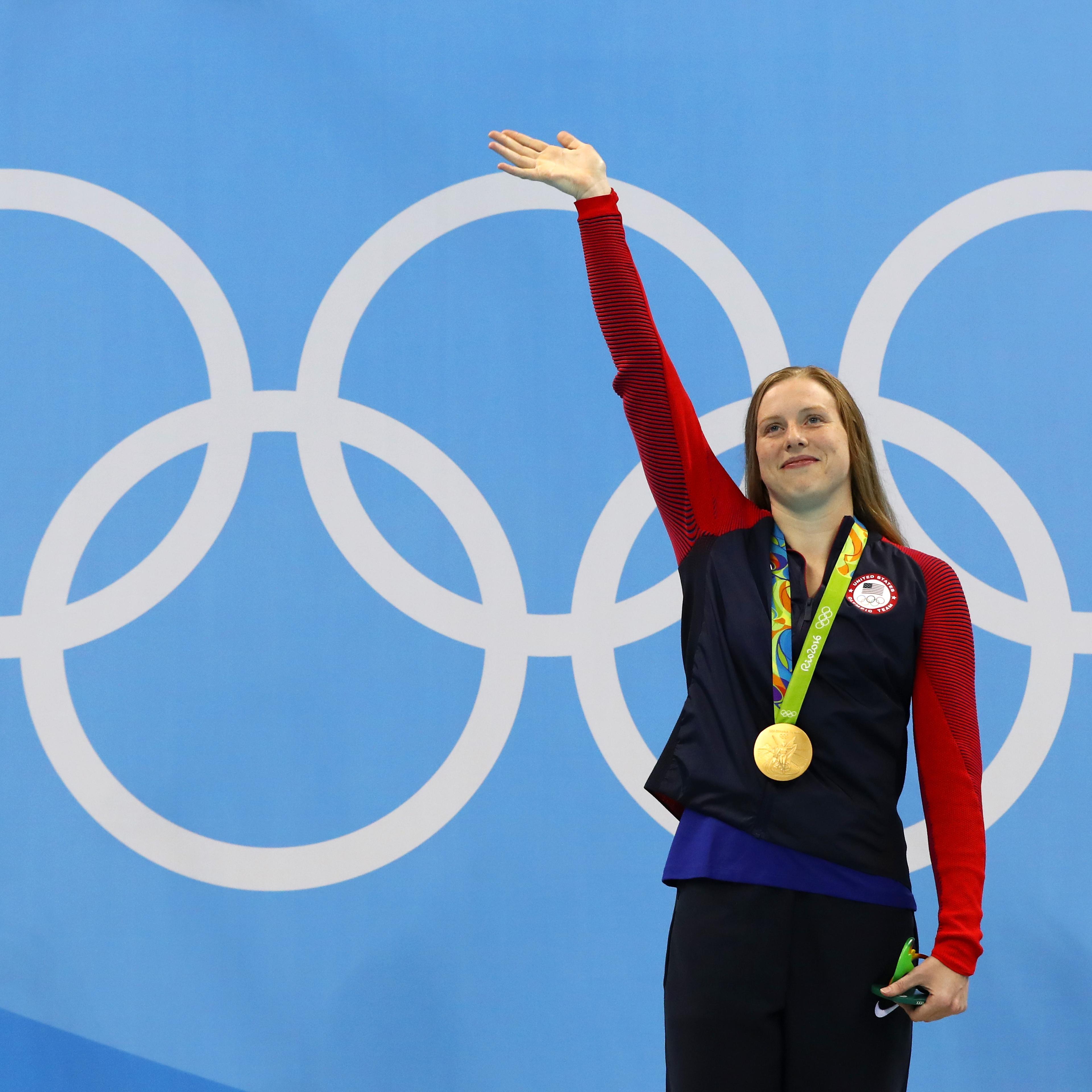 Gold medalist Lilly King of the United States poses during the medal ceremony for the Women's 100m Breaststroke Final on Day 3 of the Rio 2016 Olympic Games at the Olympic Aquatics Stadium in Rio de Janeiro on Aug. 8, 2016.