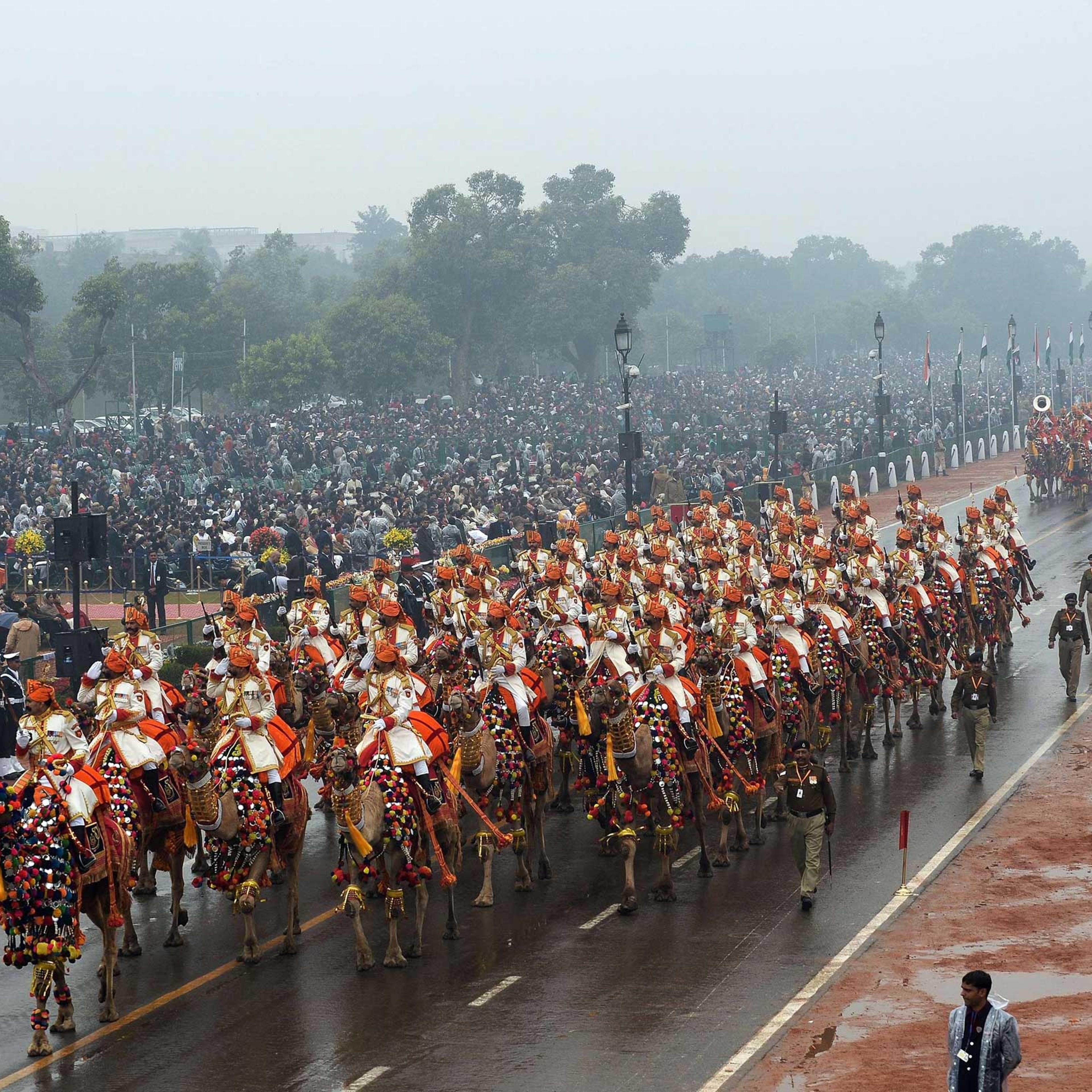 Indian soldiers march in formation down the ceremonial boulevard Rajpath during the Indian Republic Day parade in New Delhi on Jan. 26, 2015.