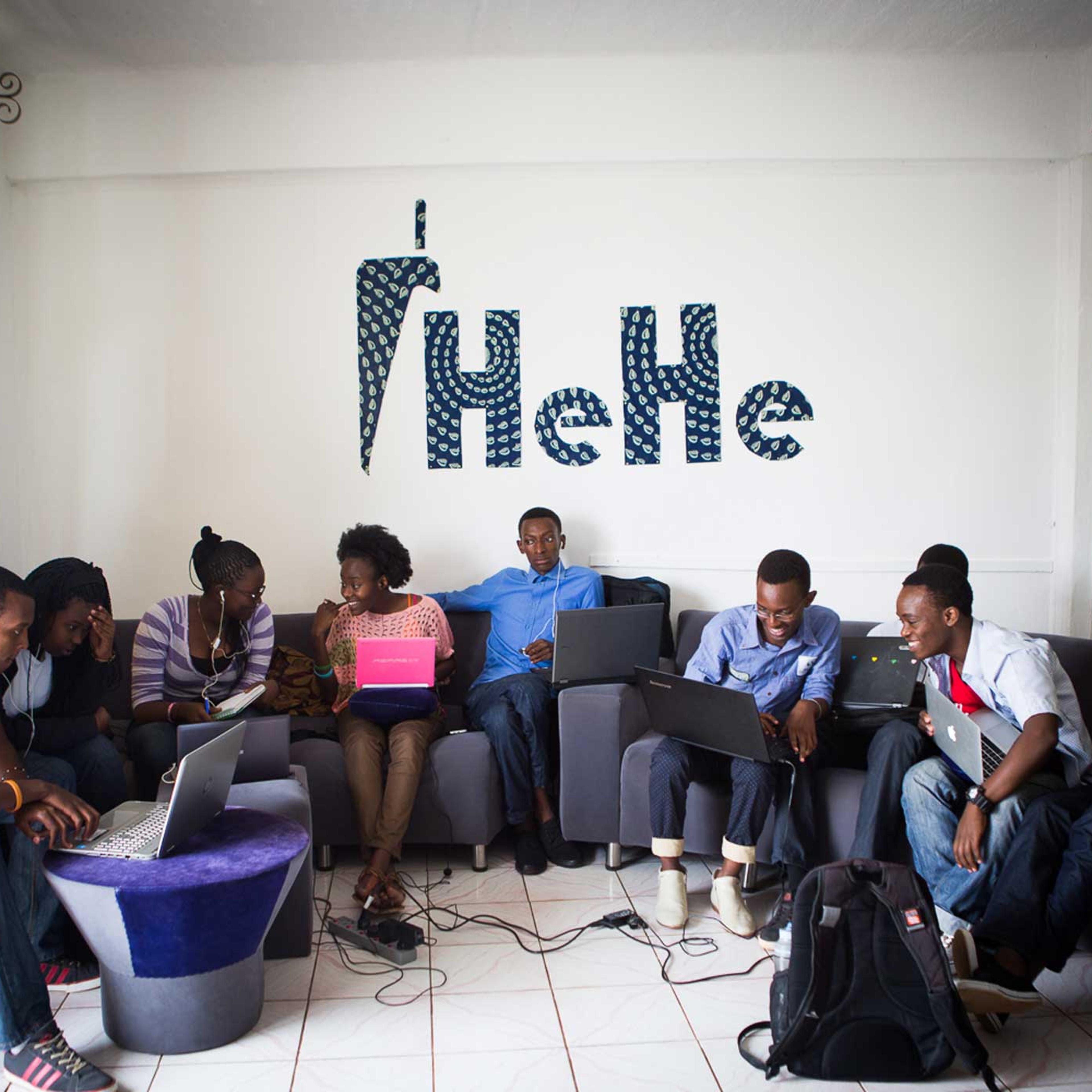 Fellows in the Code Club 2015 work at the Hehe Labs headquarters at "The Office" in Kigali, Rwanda, a co-working space for young entrepreneurs.