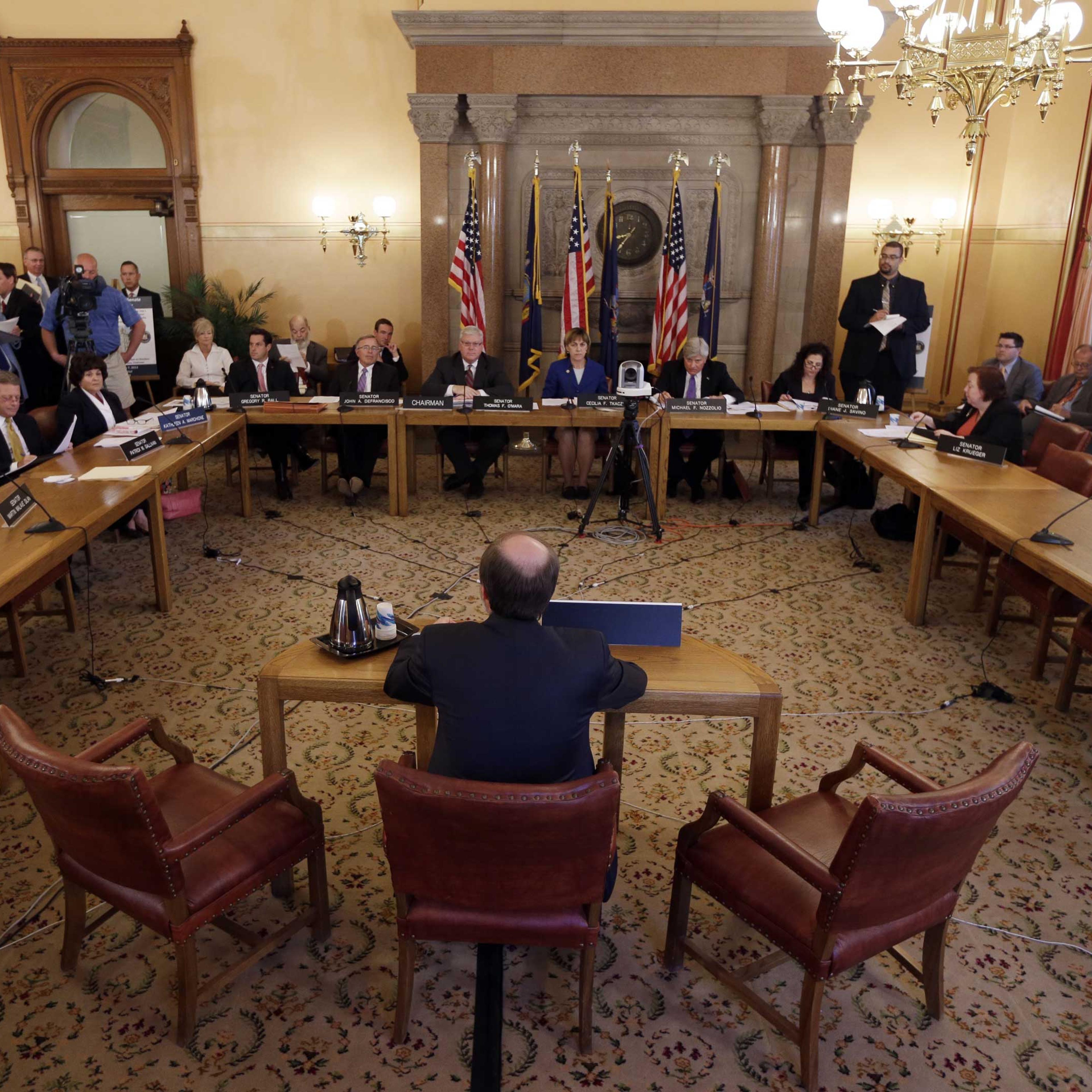 David Keating of the Center for Competitive Politics testifies during a Senate hearing highlighting abuses in the public financing of campaigns on May 7, 2013, in Albany, N.Y.