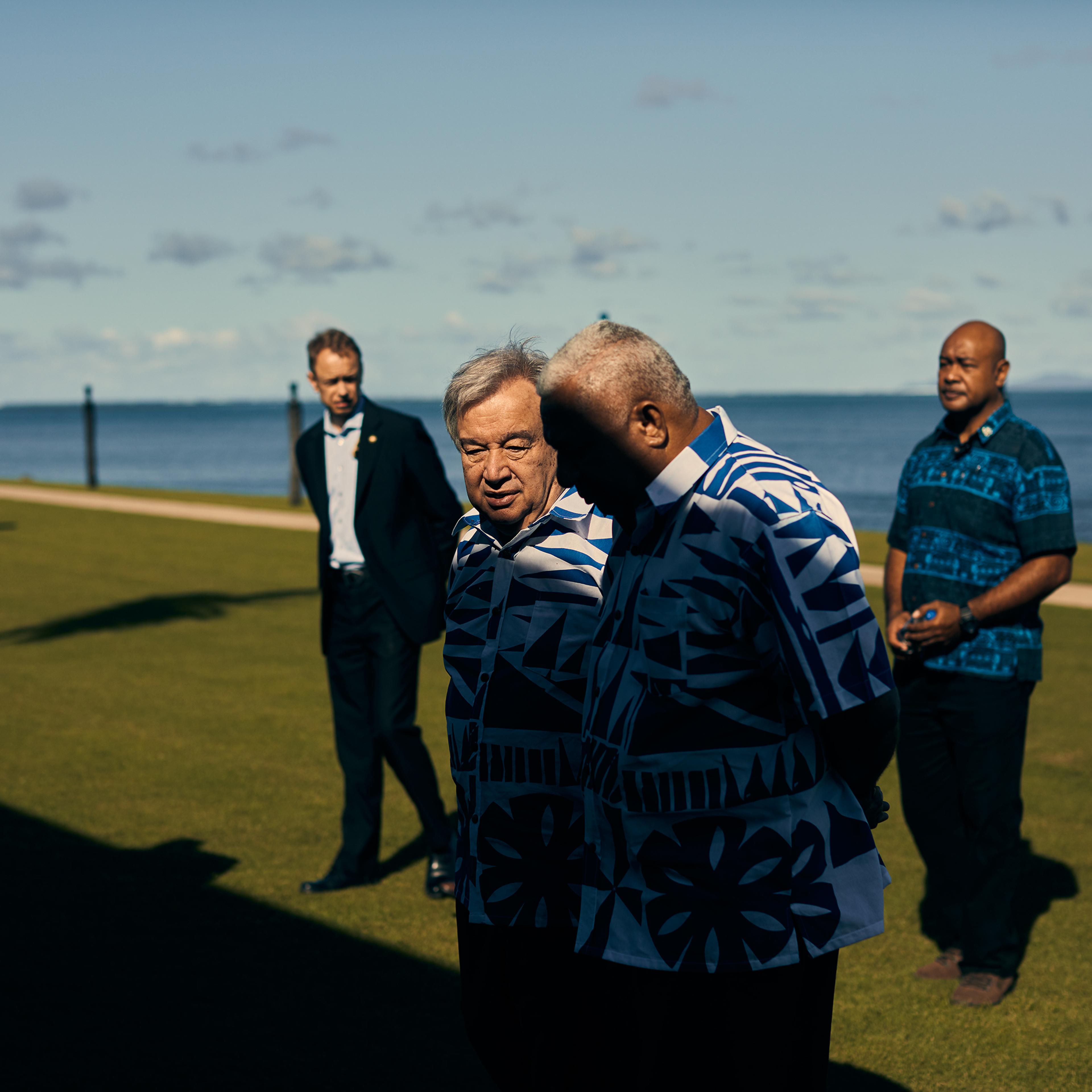 U.N. chief António Guterres chats with Fiji Prime Minister Frank Bainimarama.