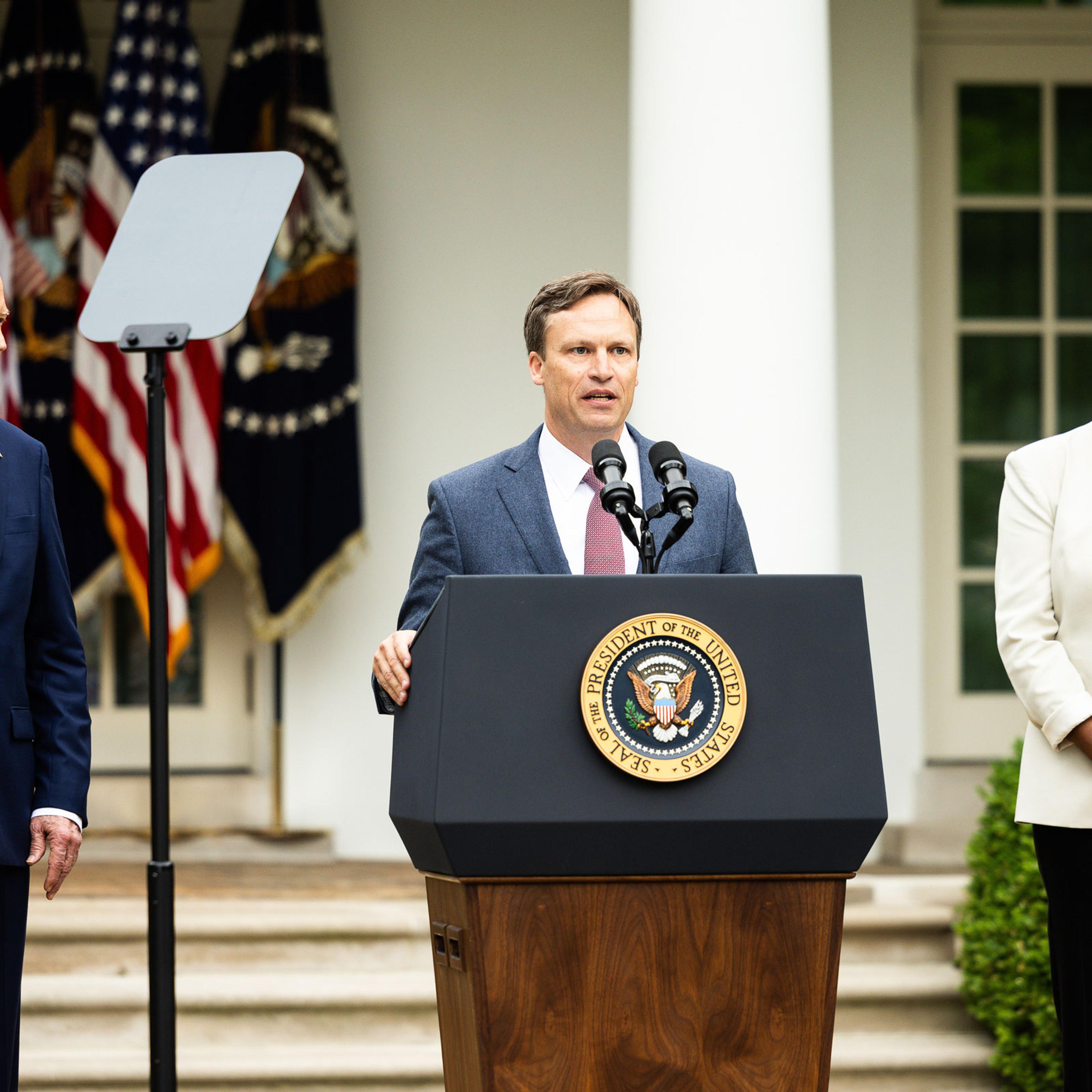U.S. President Joe Biden, Jesse Gary, president and chief executive officer of Century Aluminum Company, and Roxanne Brown, vice president of United Steelworkers, at the White House