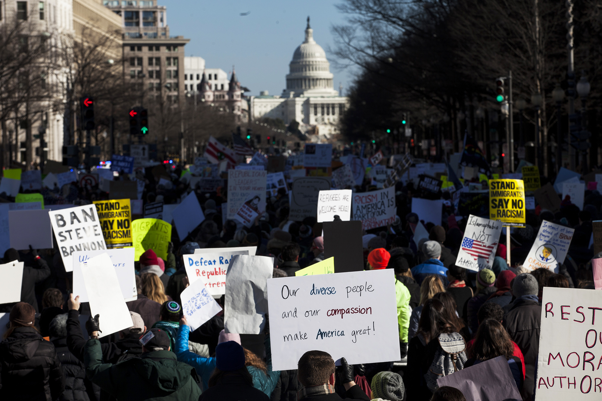 Demonstrators march from the White House to the Capitol Building, on Feb. 4, 2017 in Washington, D.C.