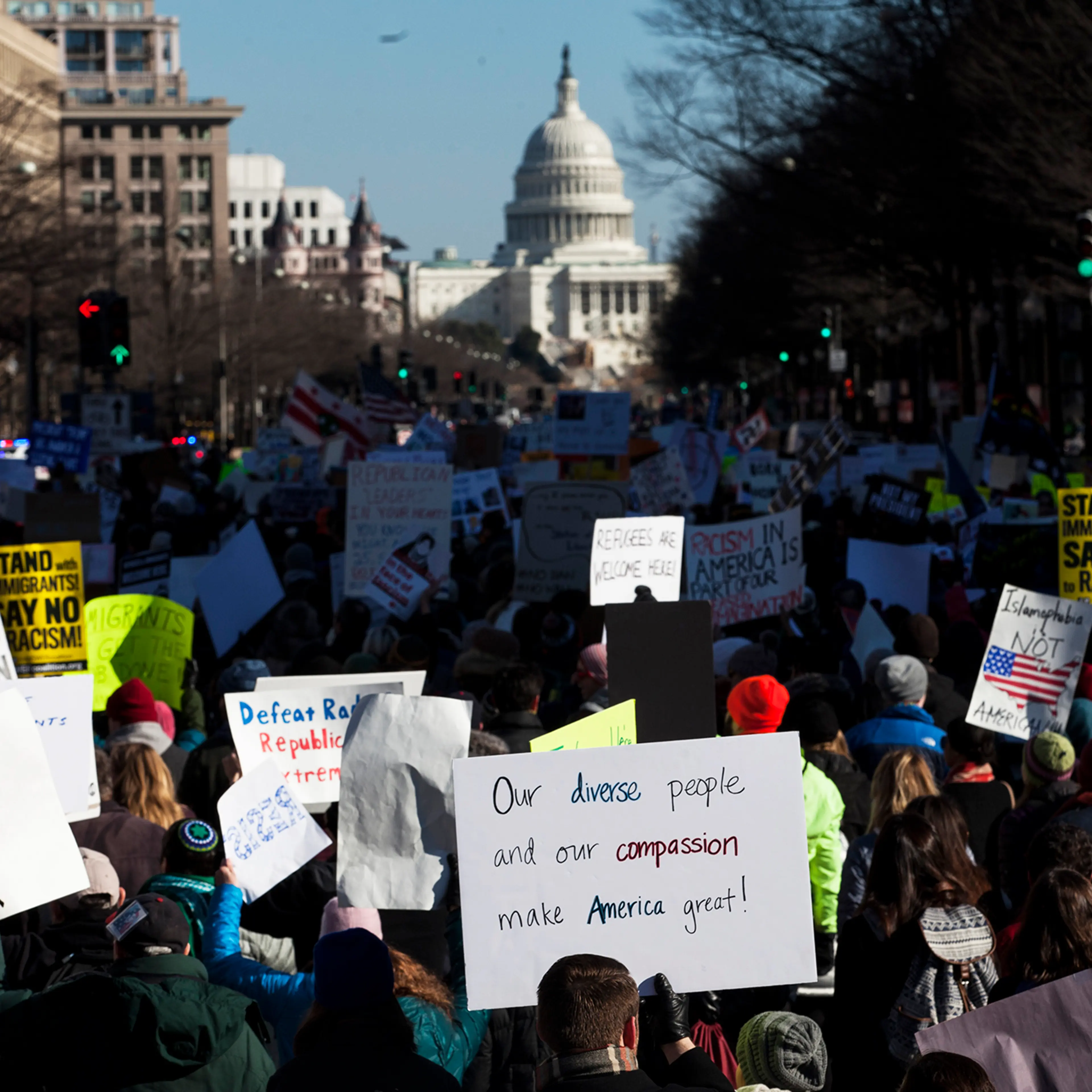Demonstrators march from the White House to the Capitol Building, on Feb. 4, 2017 in Washington, D.C.