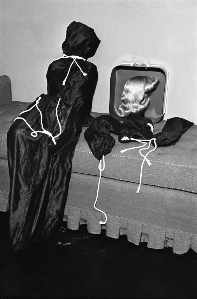 Cynthia the mannequin, wrapped for shipping, 1937.