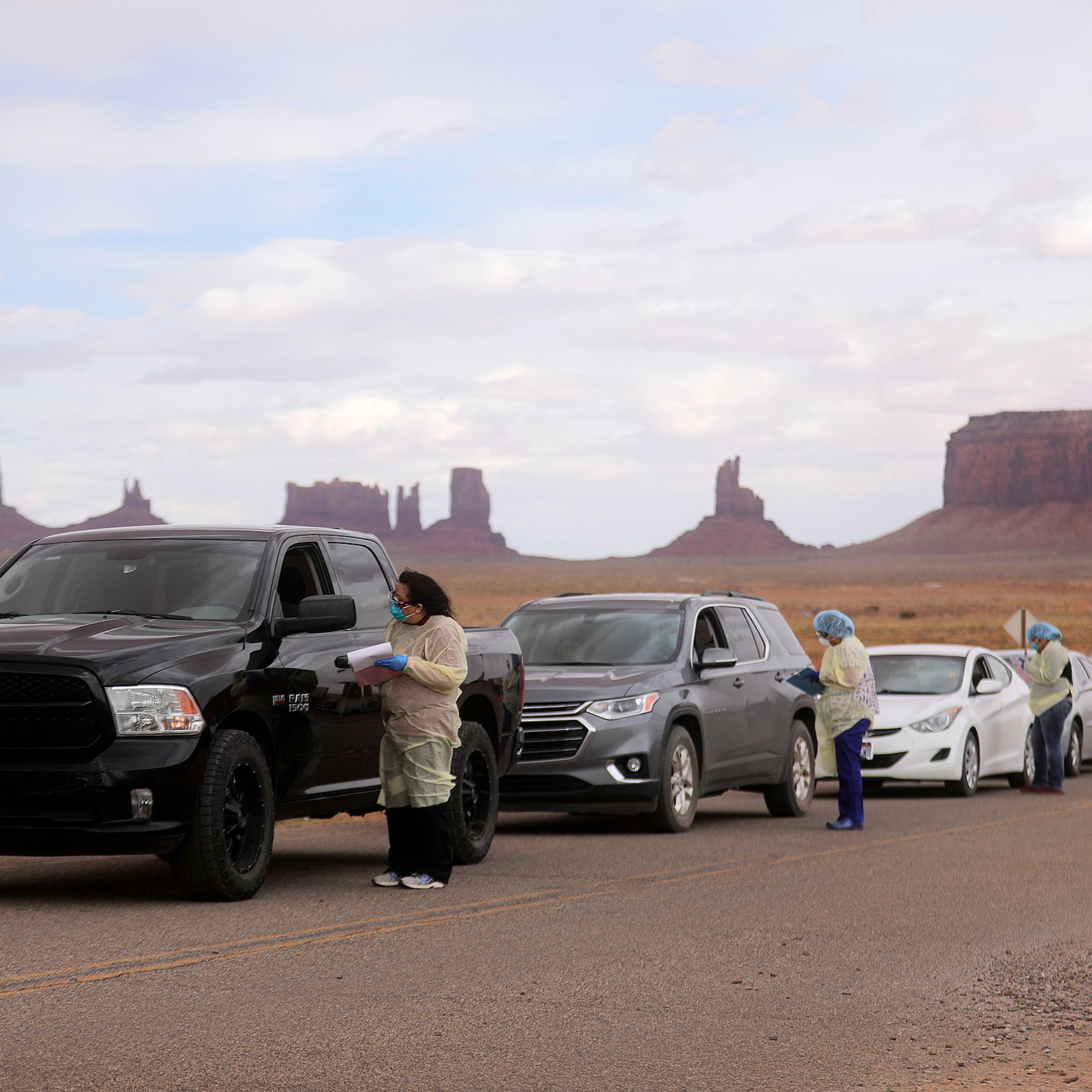 people lined up to get tested for COVID-19 outside of the health center in Oljato-Monument Valley, Utah, on April 16, 2020.