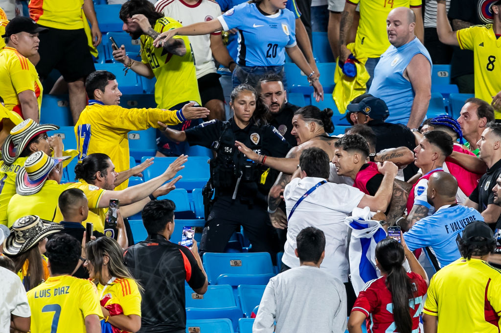 Uruguay forward Darwin Núñez engages with hostile fans in the stands after the CONMEBOL Copa America semifinal between Uruguay and Colombia at Bank of America Stadium in Charlotte, NC, on July 10, 2024.