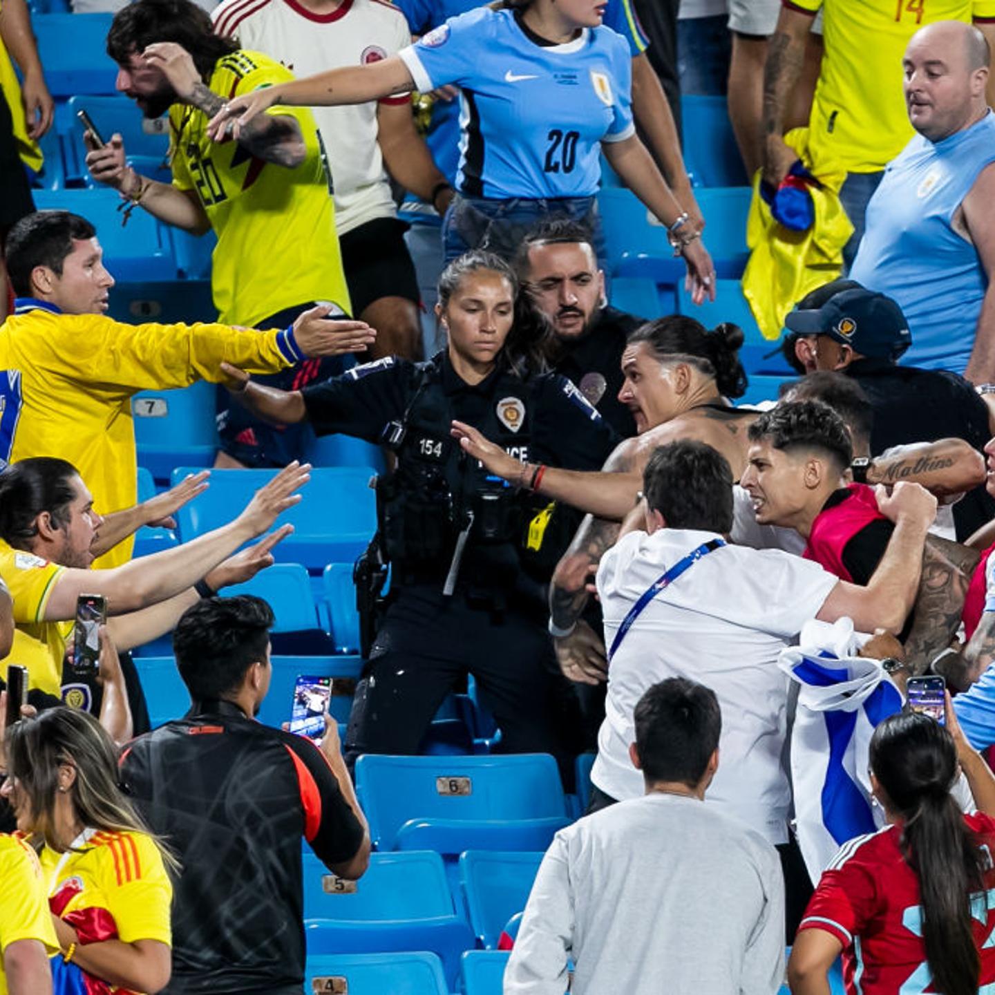 Uruguay forward Darwin Núñez engages with hostile fans in the stands after the CONMEBOL Copa America semifinal between Uruguay and Colombia at Bank of America Stadium in Charlotte, NC, on July 10, 2024.