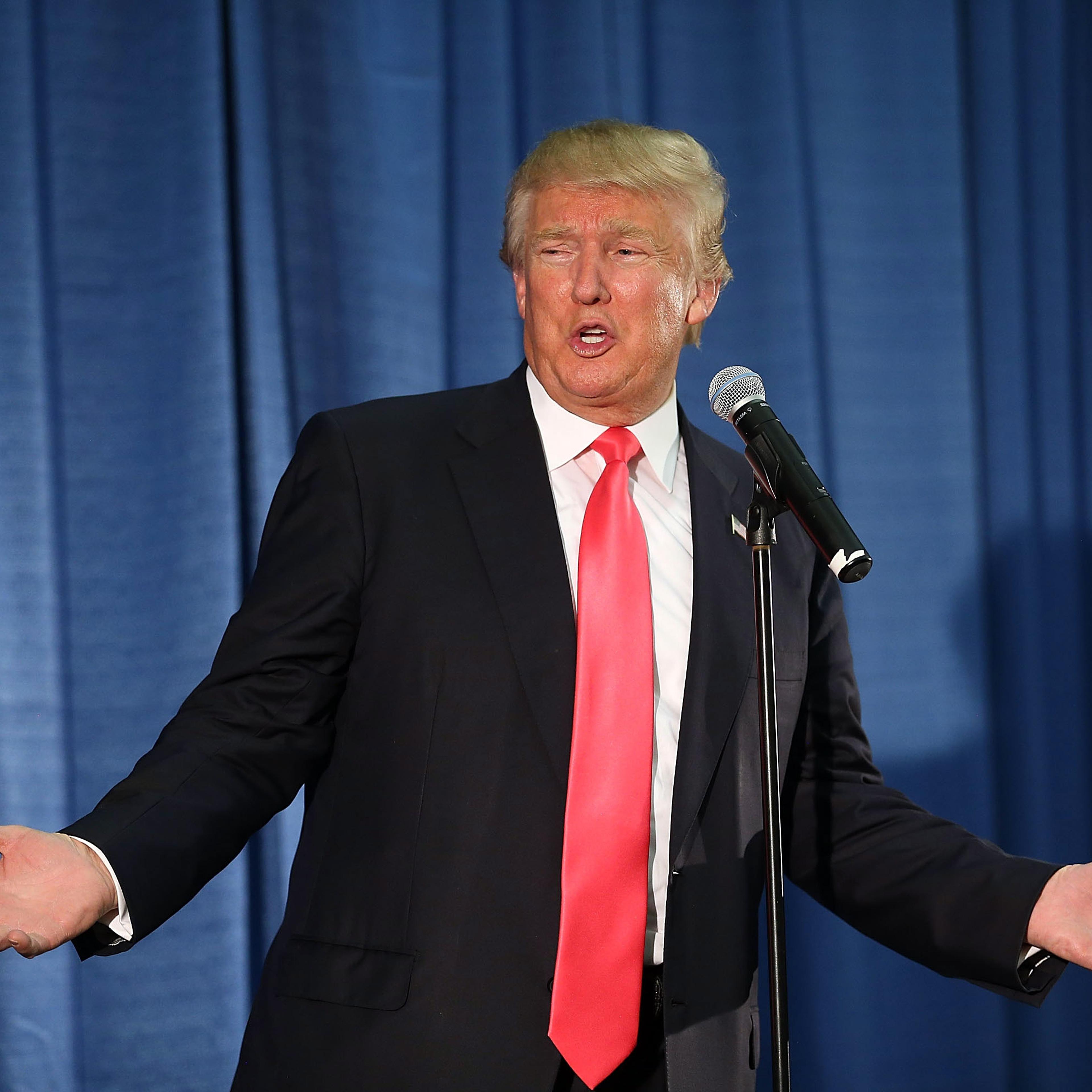 MILFORD, NH - FEBRUARY 02: Republican Presidential candidate Donald Trump speaks to an overflow crowd during a campaign event at Hampshire Hills Athletic Club on February 2, 2016 in Milford, Iowa. Democratic and Republican Presidential are stumping for