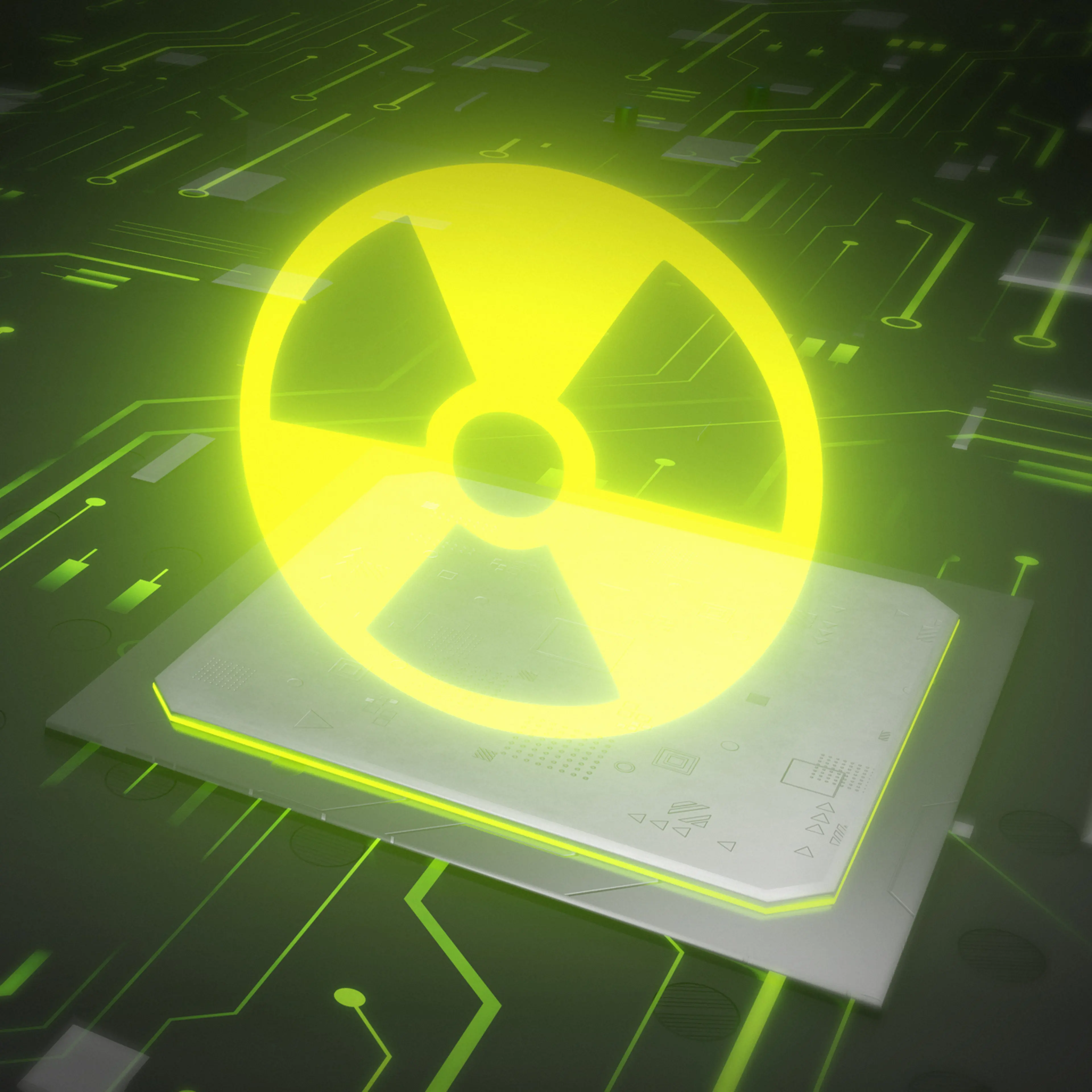 CPU on board with nucelar danger symbol hologram