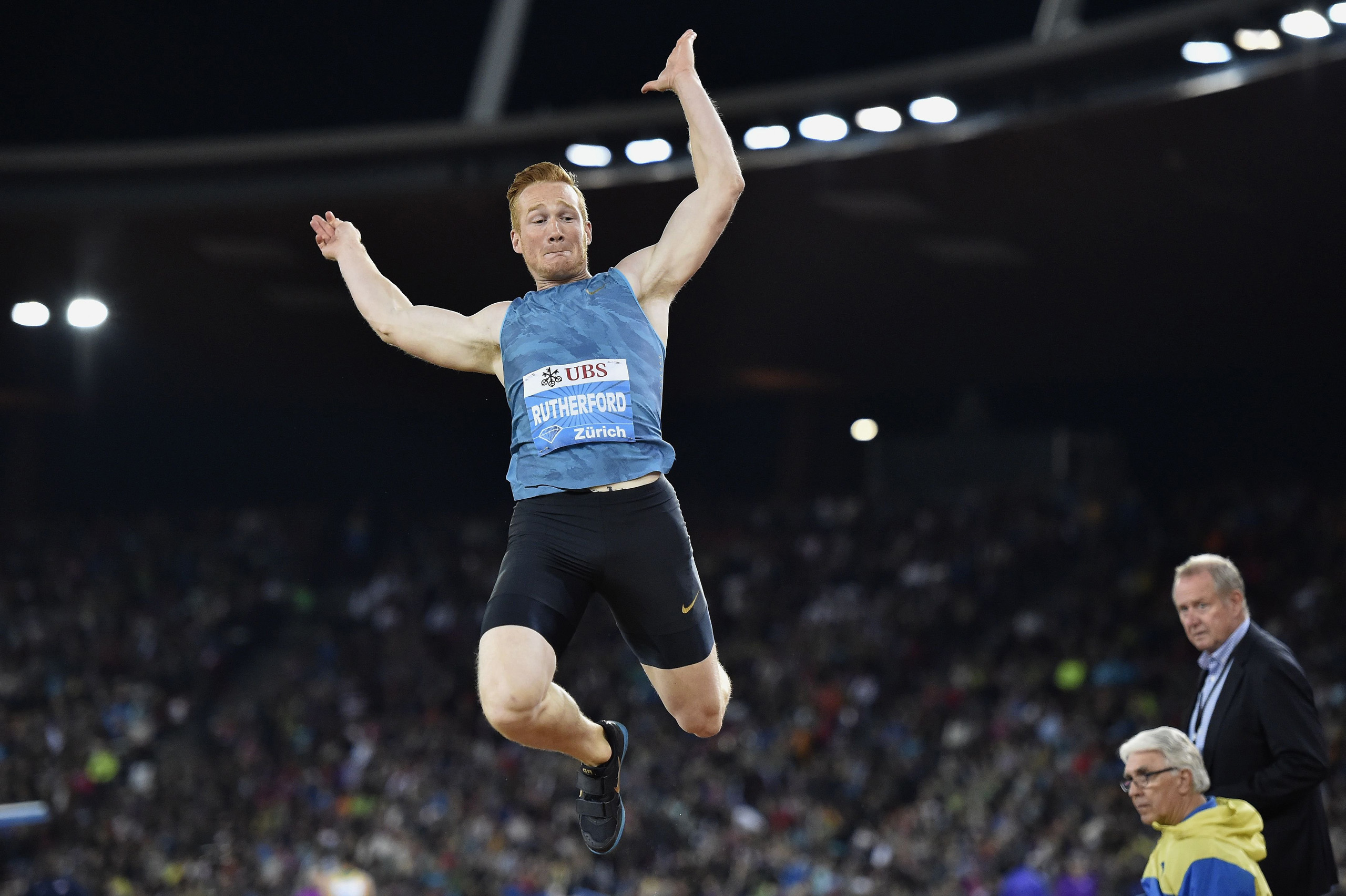 Greg Rutherford competing in the men's long jumps event during the Diamond League Athletics Weltklasse meeting in Zurich, Sept. 3, 2015.