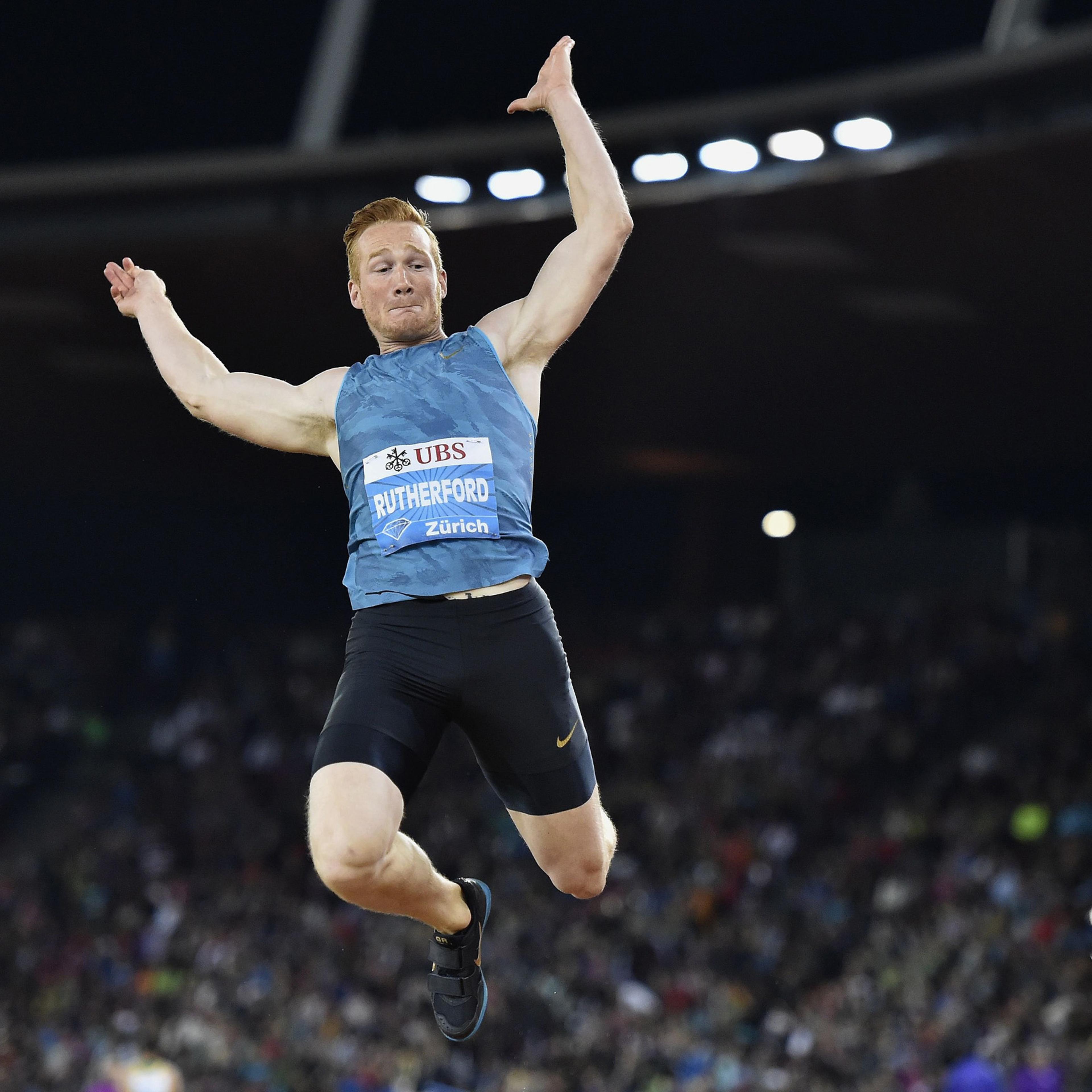 Greg Rutherford competing in the men's long jumps event during the Diamond League Athletics Weltklasse meeting in Zurich, Sept. 3, 2015.