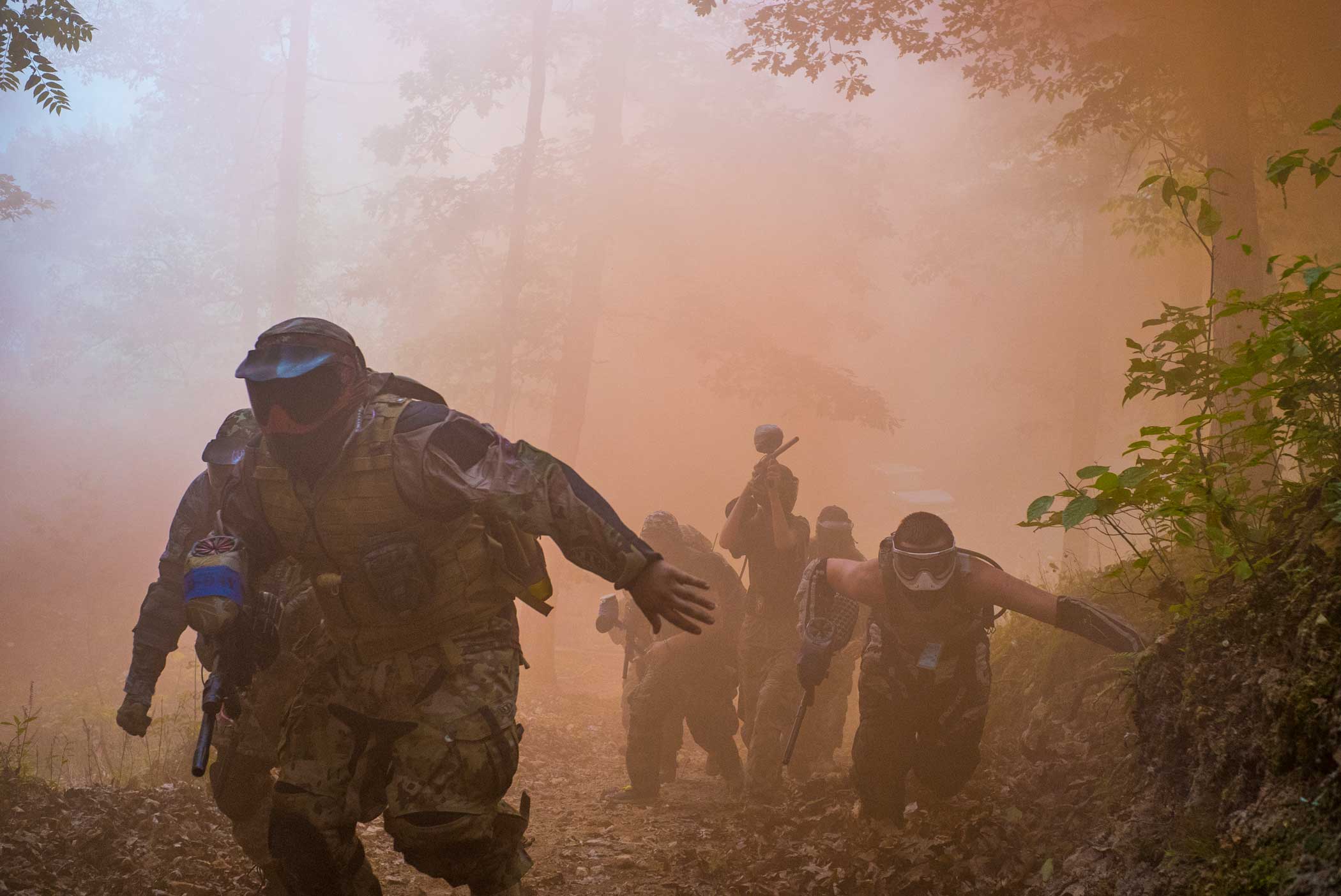 1st Infantry Division paintballers charge uphill during the assault on ‘Omaha’ beach.