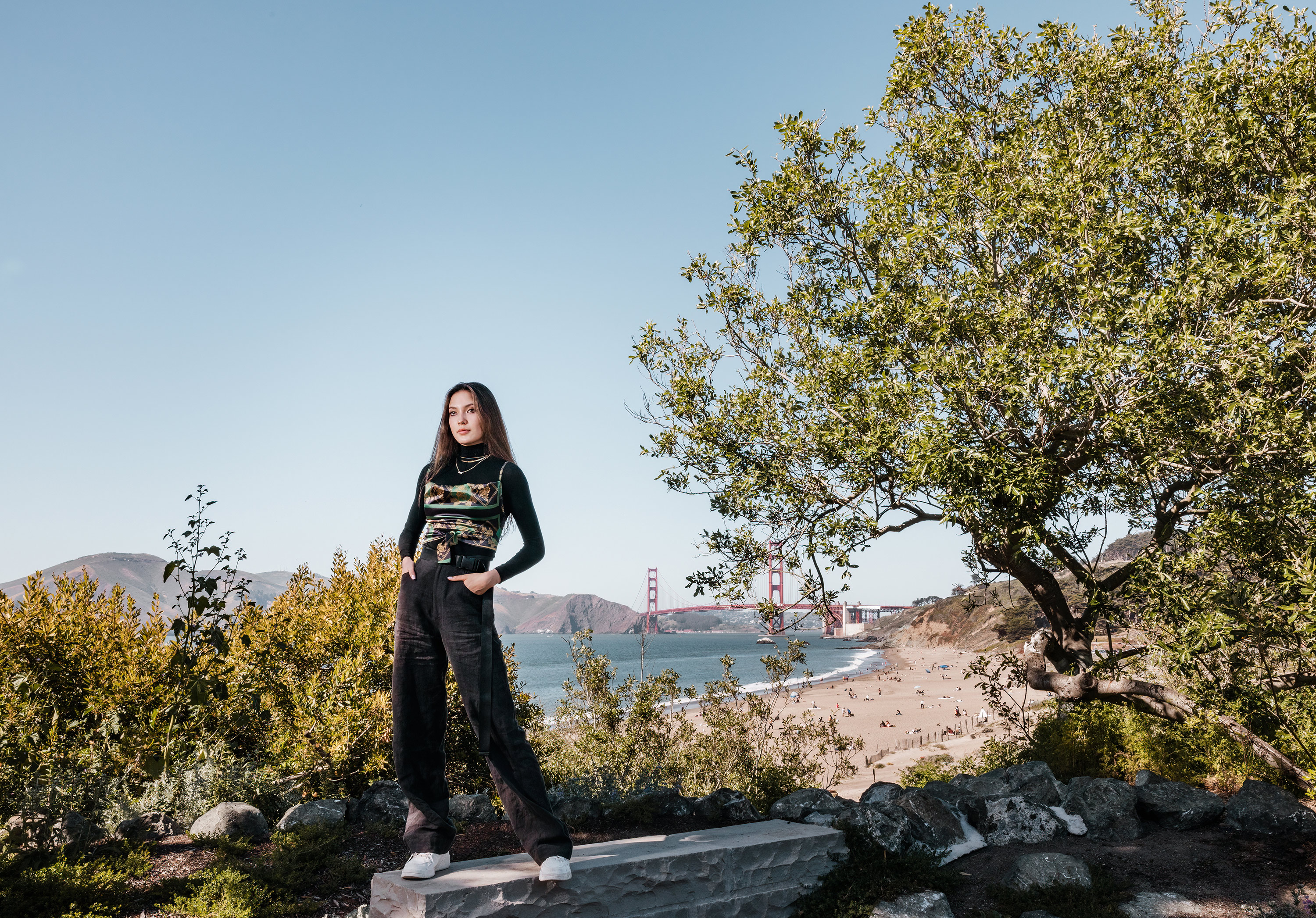 Eileen Gu at a beach near her childhood home in San Francisco in April 2021
