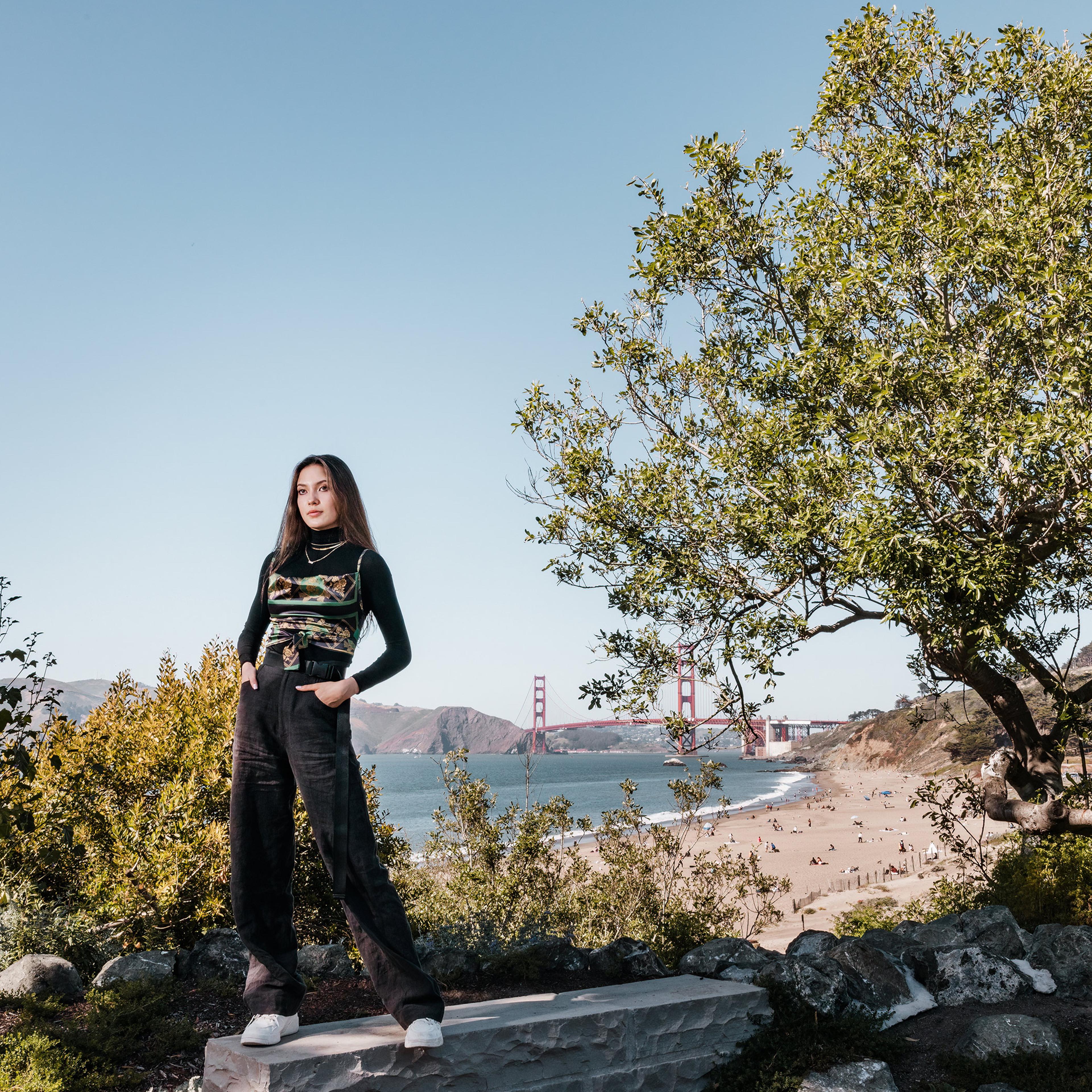Eileen Gu at a beach near her childhood home in San Francisco in April 2021