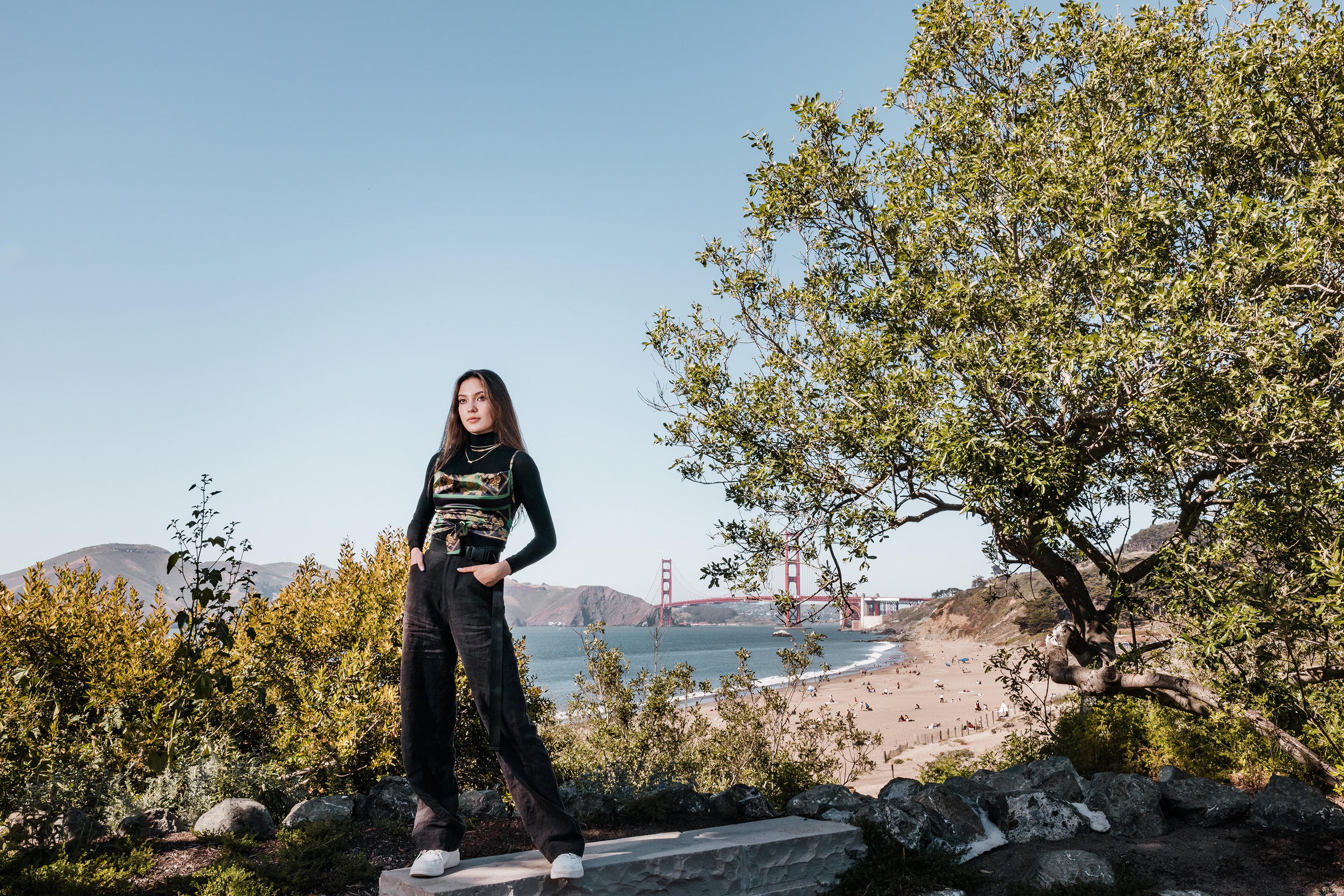 Eileen Gu at a beach near her childhood home in San Francisco in April 2021