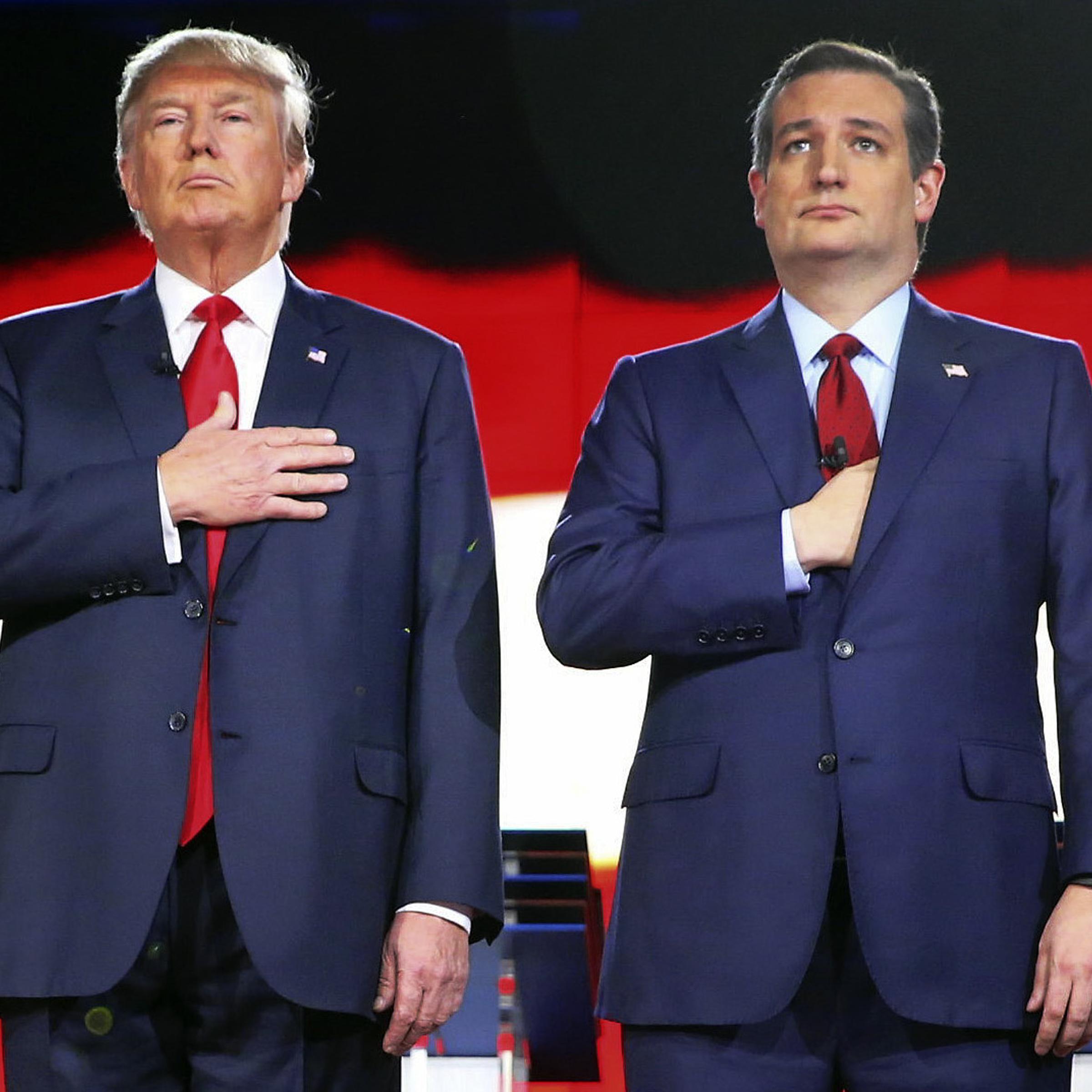 Republican presidential candidates Donald Trump and Texas Sen. Ted Cruz stand during a Republican presidential debate in Las Vegas in December.