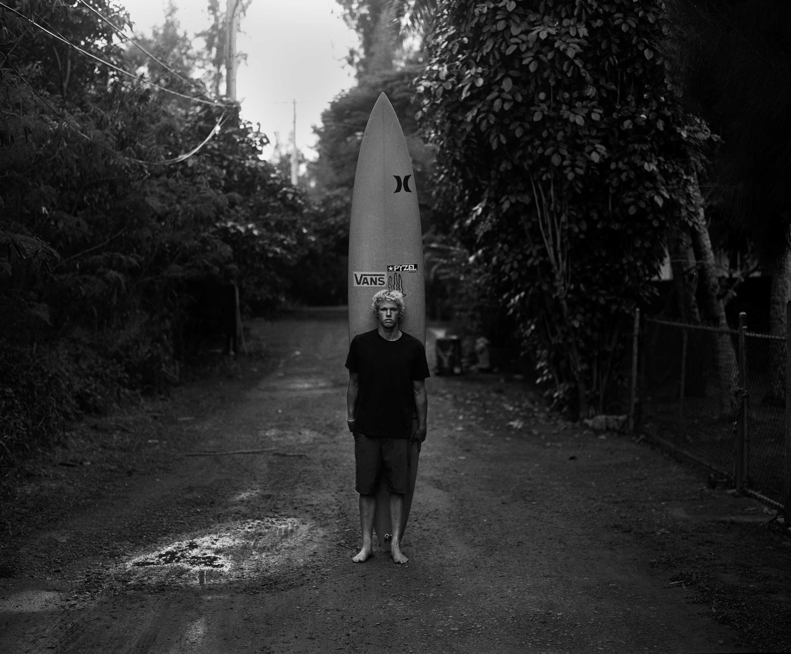 John John Florence with his board, Oahu’s North Shore. Hawaii