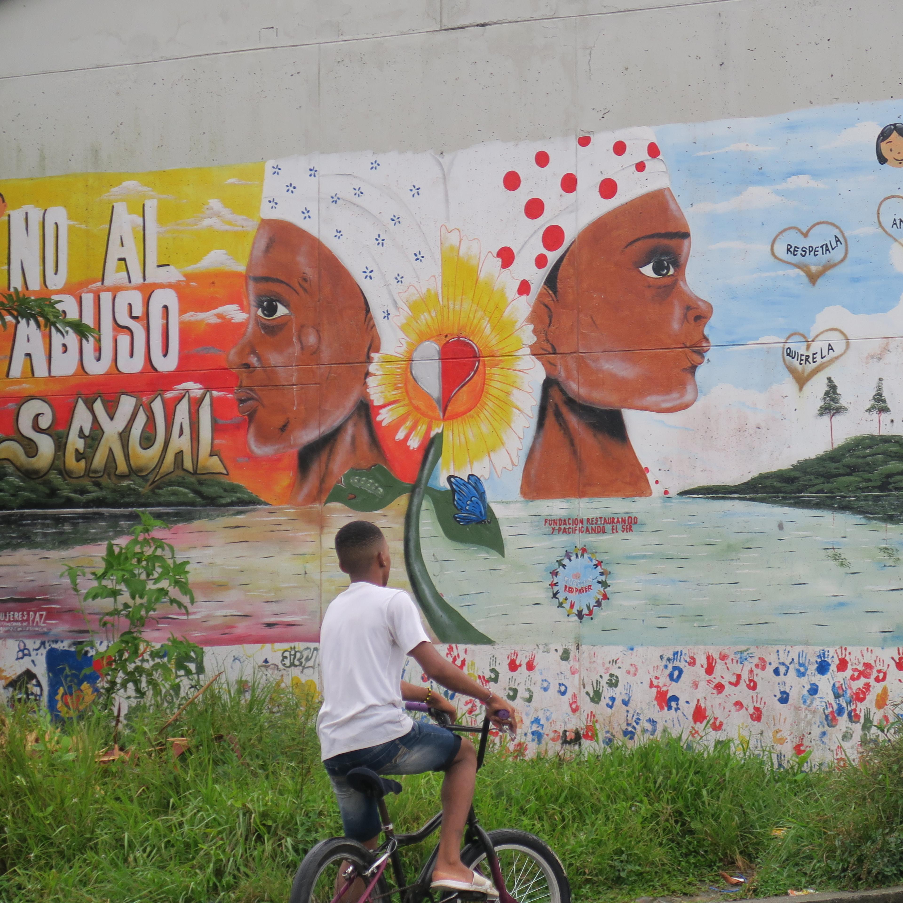 A mural against sexual violence in Buenaventura, Colombia. Local human rights defenders say paramilitaries use sexual violence and femicide as systematic tools to control their territories.