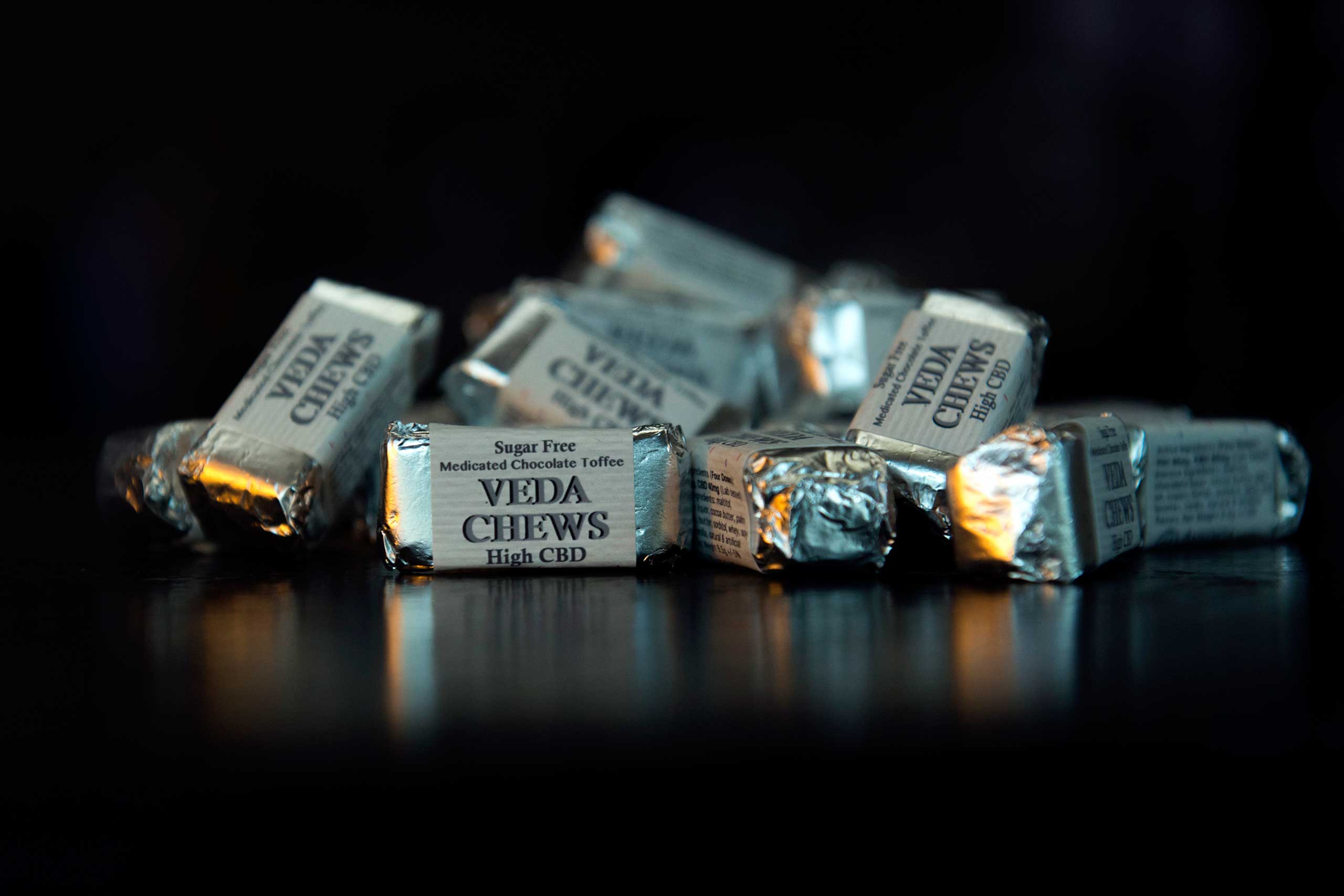 Veda Chews, marijuana-infused chocolate toffee high in cannabinoid (CBD) concentrate, sit on display at the MedMar Healing Center, a medical-marijuana dispensary, in San Jose, in 2013.