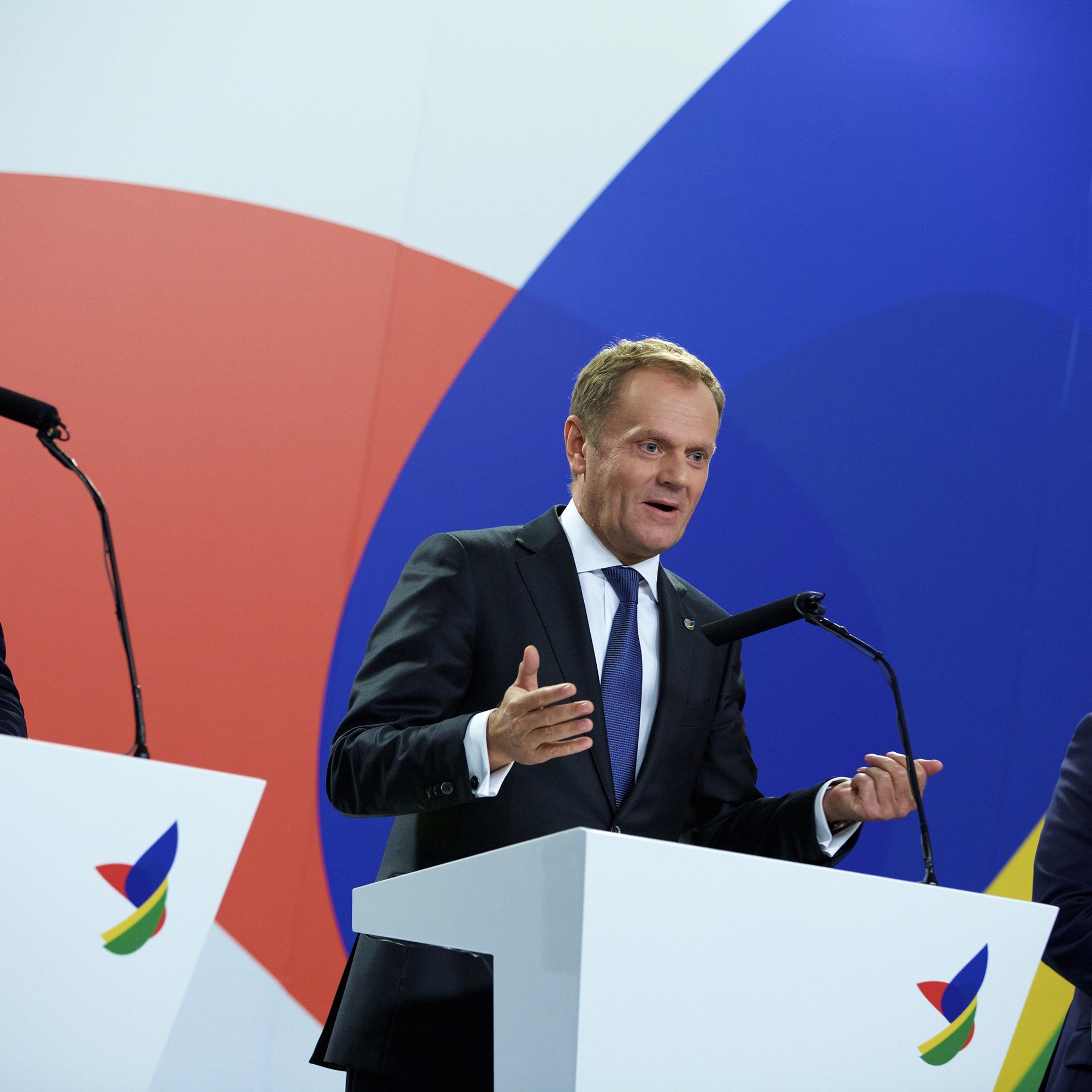President of the European Council Donald Tusk speaks at the press conference with Prime Minister of Malta Joseph Muscat (L) and President of Senegal Macky Sall (R) following a two-day summit on migration that ended in Valletta, Malta, on Nov. 12, 2015.