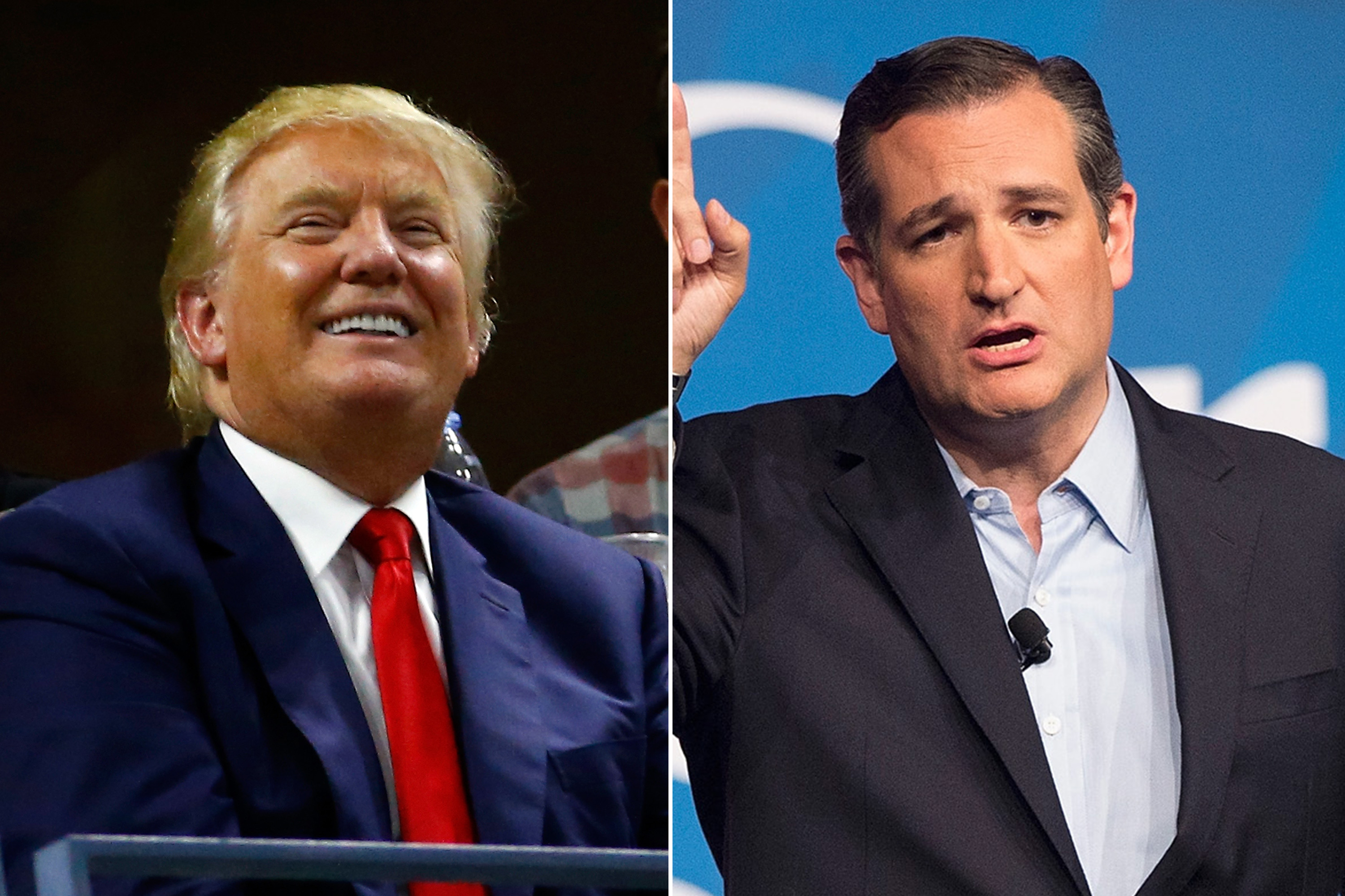 <i>Left</i>: Donald Trump attends the 2015 US Open on Sept. 8, 2015 in New York City; <i>Right</i>: Ted Cruz speaks to supporters at his Religious Liberty Rally on Aug. 21, 2015 in Des Moines, Iowa.