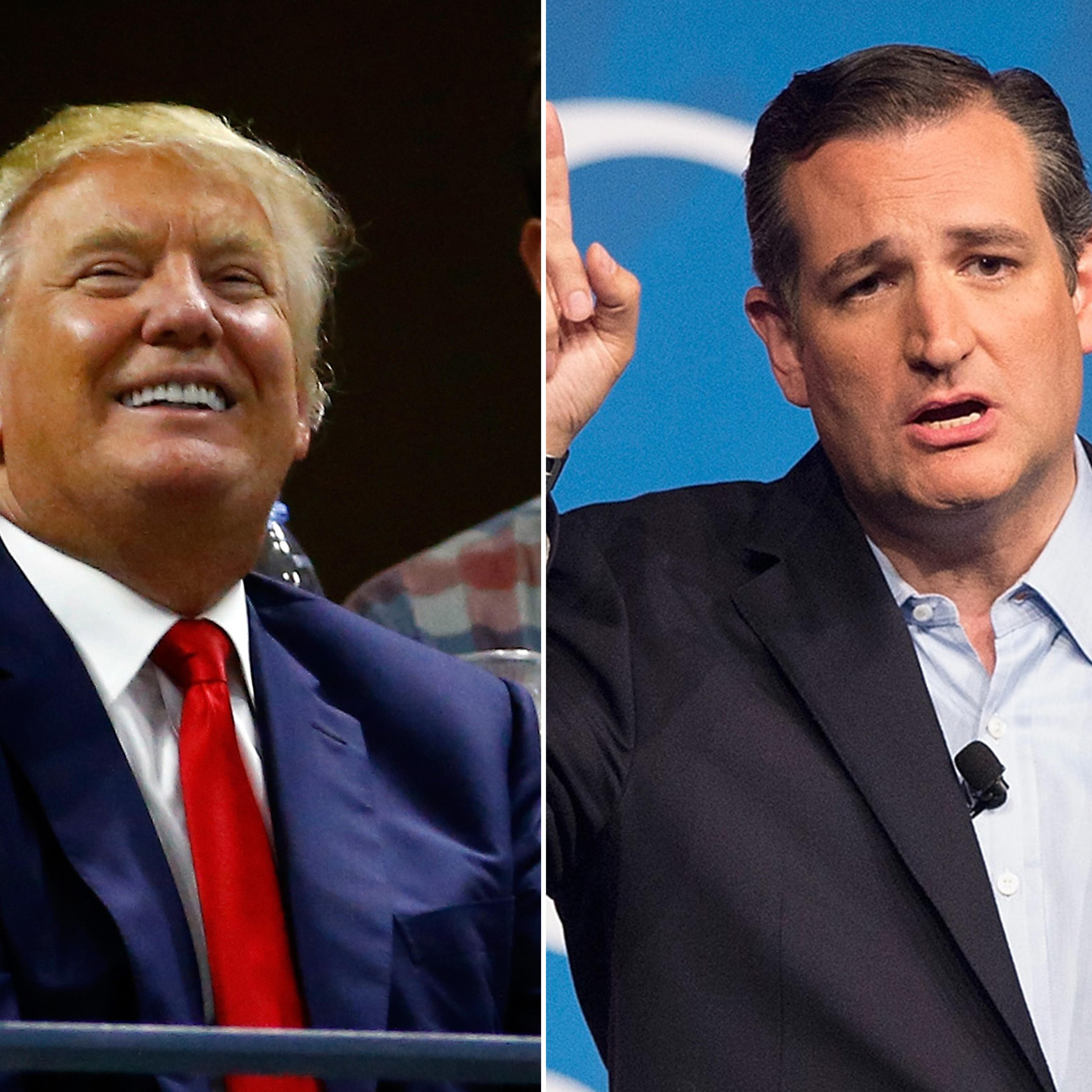 <i>Left</i>: Donald Trump attends the 2015 US Open on Sept. 8, 2015 in New York City; <i>Right</i>: Ted Cruz speaks to supporters at his Religious Liberty Rally on Aug. 21, 2015 in Des Moines, Iowa.