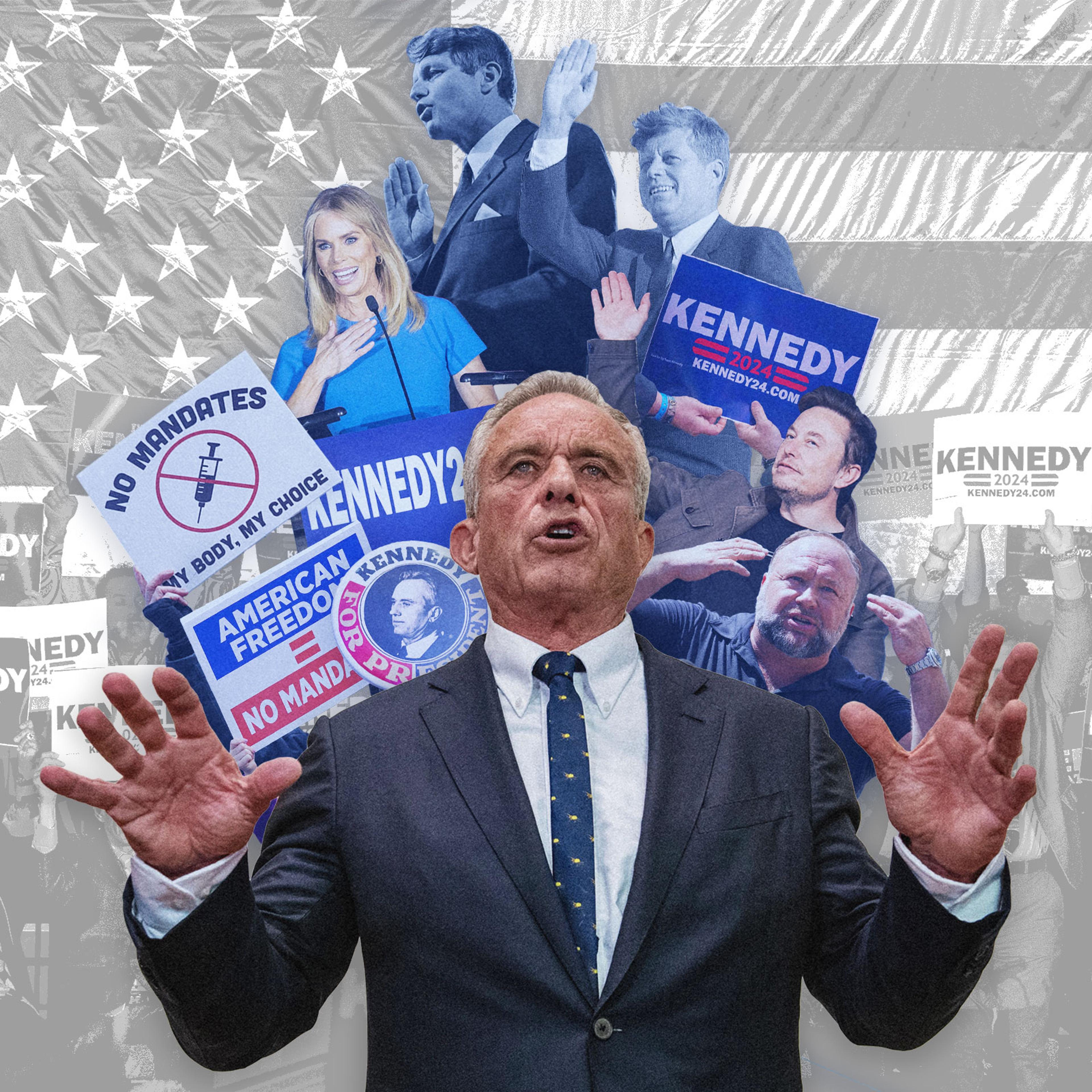 A collage of photos featuring Robert F. Kennedy Jr., his family, his supporters like wife Cheryl Hines, Elon Musk and Alex Jones, it has shows some anti-vaccine signs and a button from his campaign that is made to look vintage