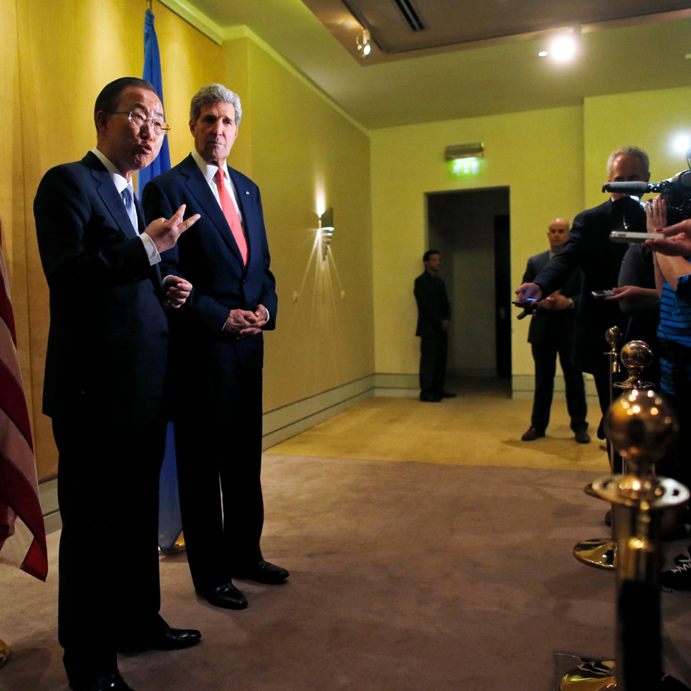 U.S. Secretary of State John Kerry and U.N. Secretary General Ban Ki-Moon speak to reporters in Cairo