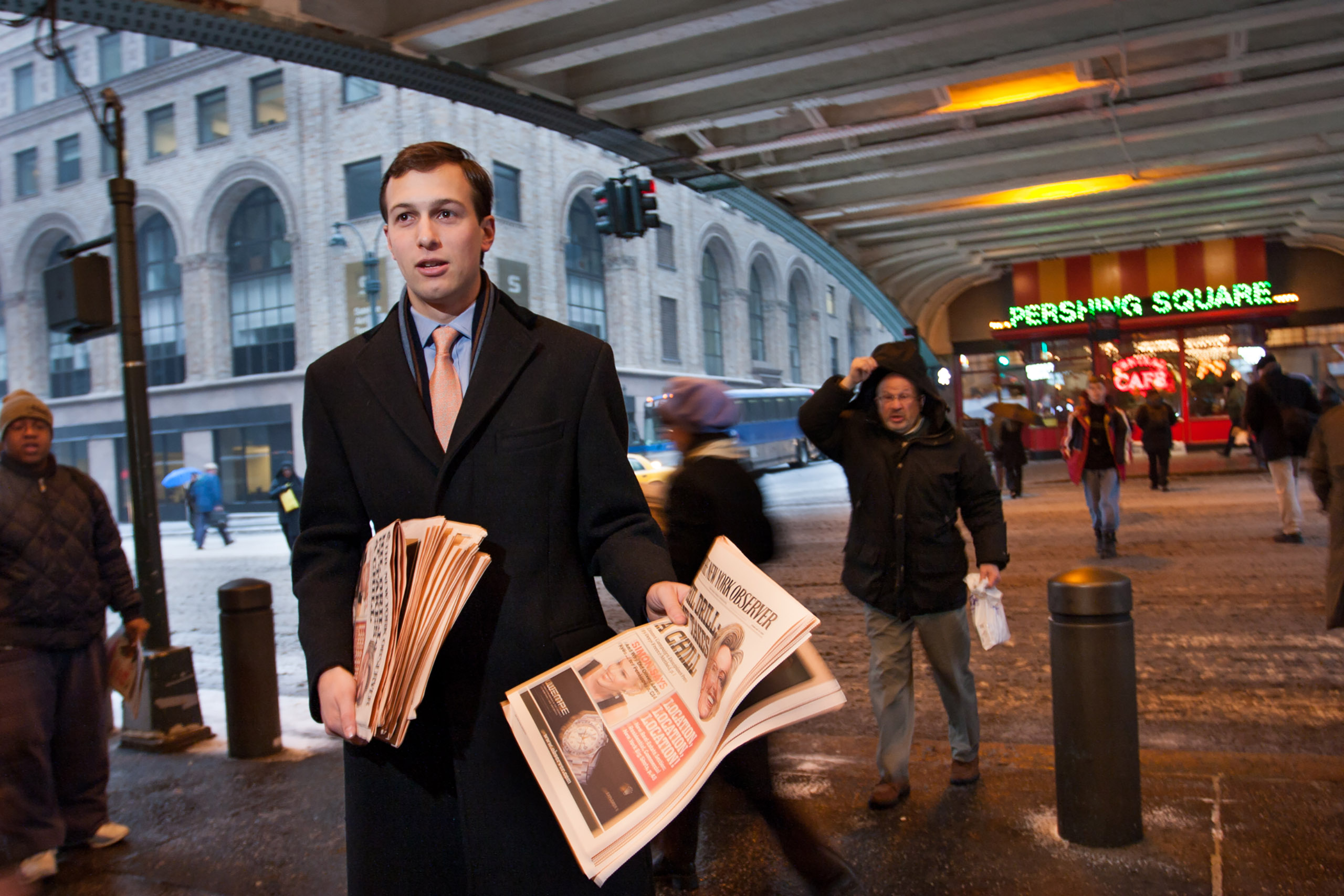 Jared Kushner handing out free copies of The New York Observer's first issue published under his new ownership, in front of Grand Central Station 42nd St., New York City, Feb. 14, 2007. 2/14/07 Photo of Jared Kushner hawking The New York Observer in fron