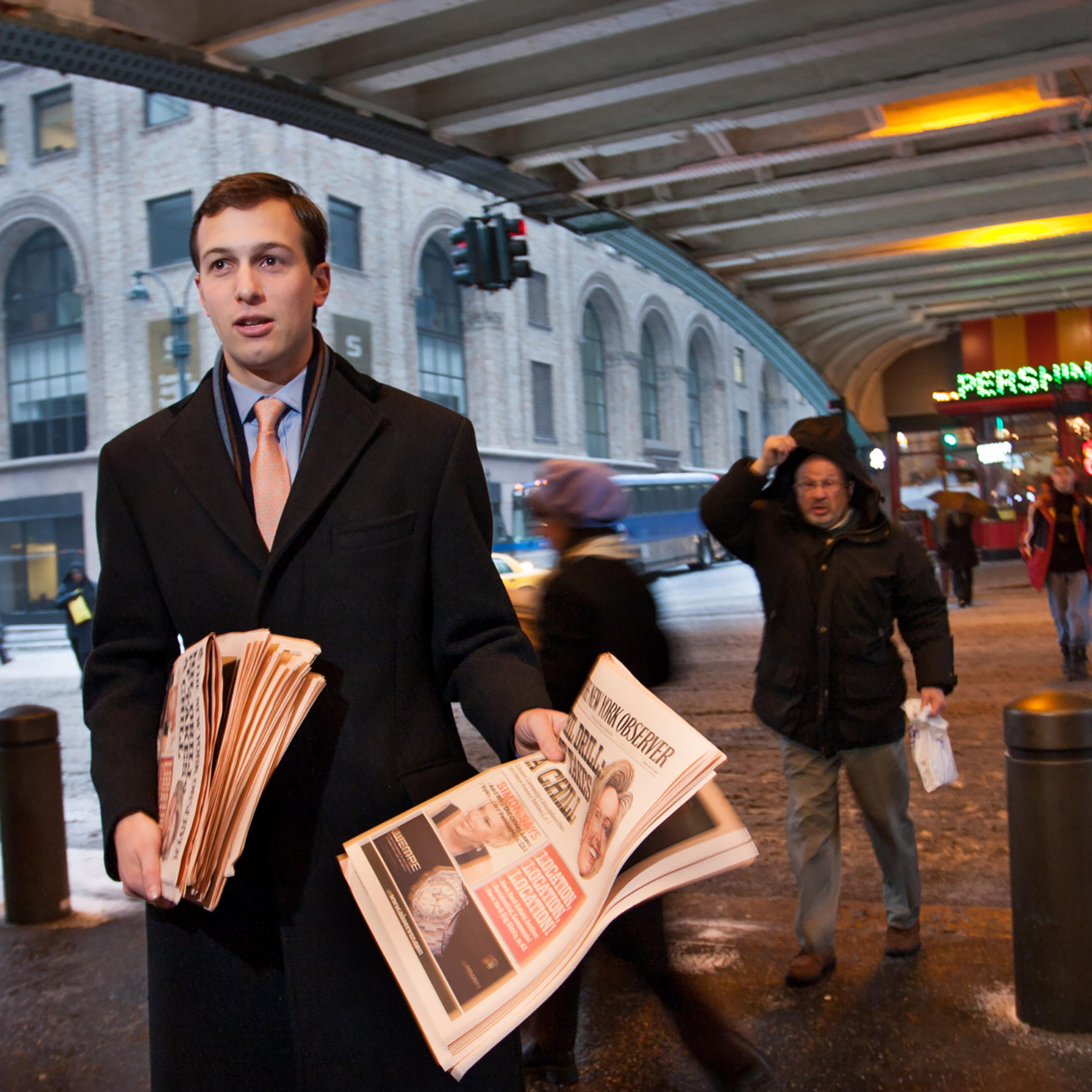 Jared Kushner handing out free copies of The New York Observer's first issue published under his new ownership, in front of Grand Central Station 42nd St., New York City, Feb. 14, 2007. 2/14/07 Photo of Jared Kushner hawking The New York Observer in fron