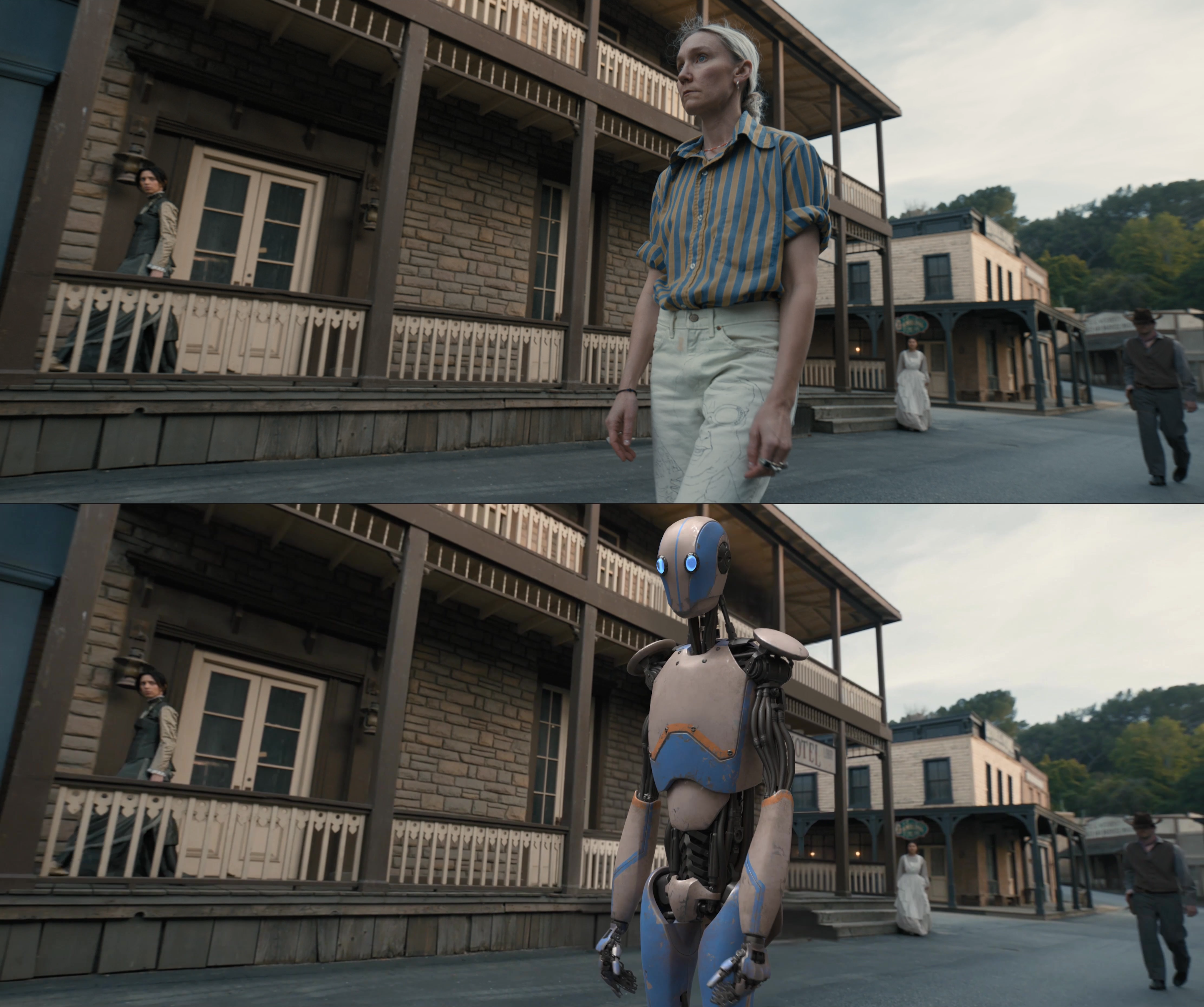 AI tools from the company Wonder Dynamics allow filmmakers to instantly replace footage of a real person, top, with that of a CGI character.  