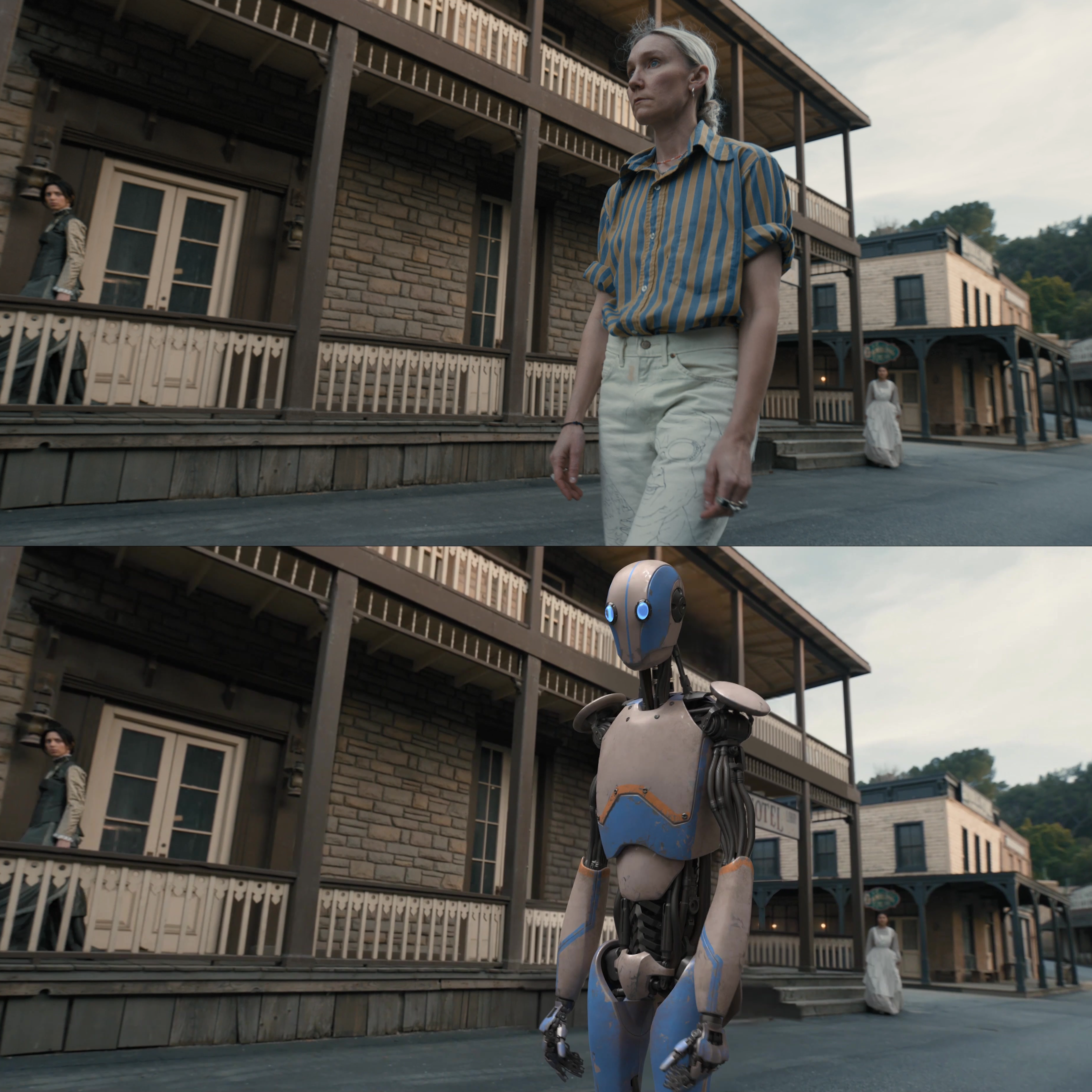 AI tools from the company Wonder Dynamics allow filmmakers to instantly replace footage of a real person, top, with that of a CGI character.